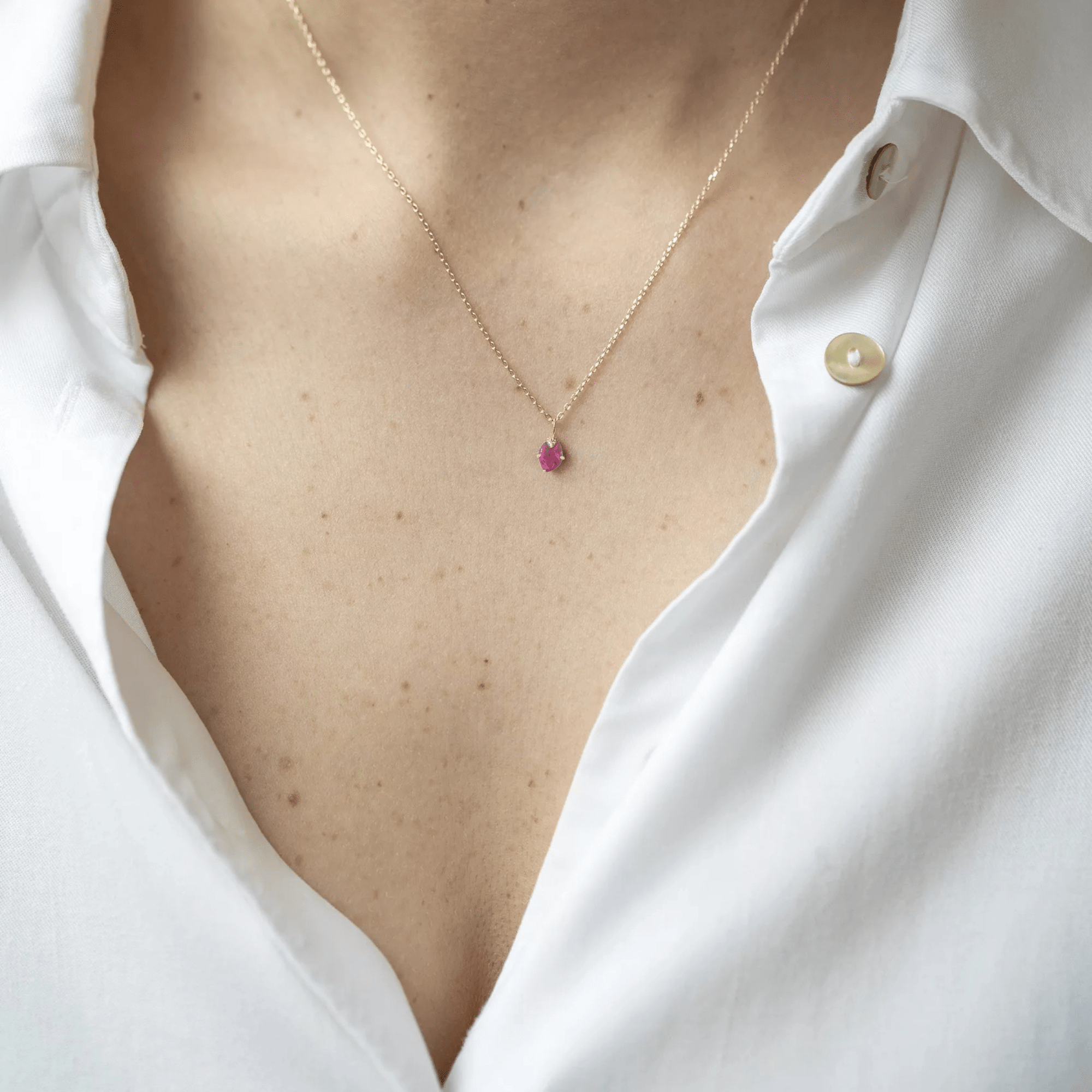 14K "Claw - Set" Upside - Down Teardrop Rose - Cut Ruby Necklace with Pave Diamond Details - Peridot Fine Jewelry - Celine Daoust