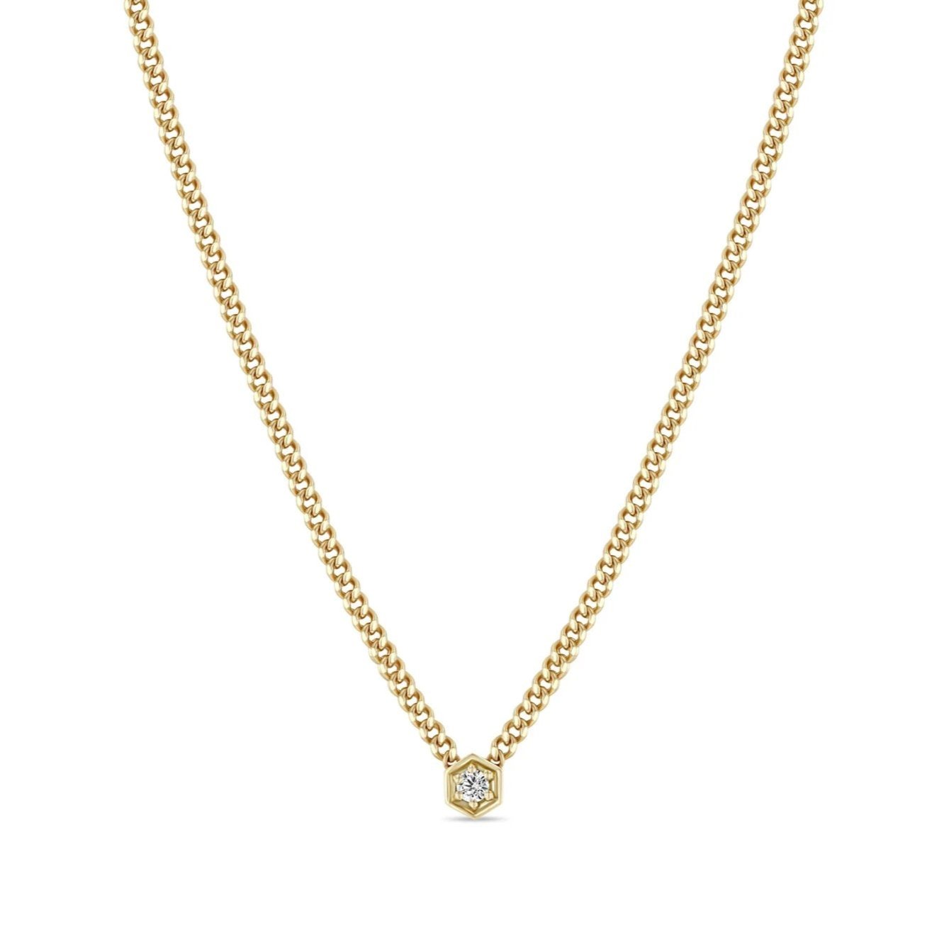14K Curb Chain Neclace with Hexagonal Diamond Centerpiece - Peridot Fine Jewelry - Zoe Chicco