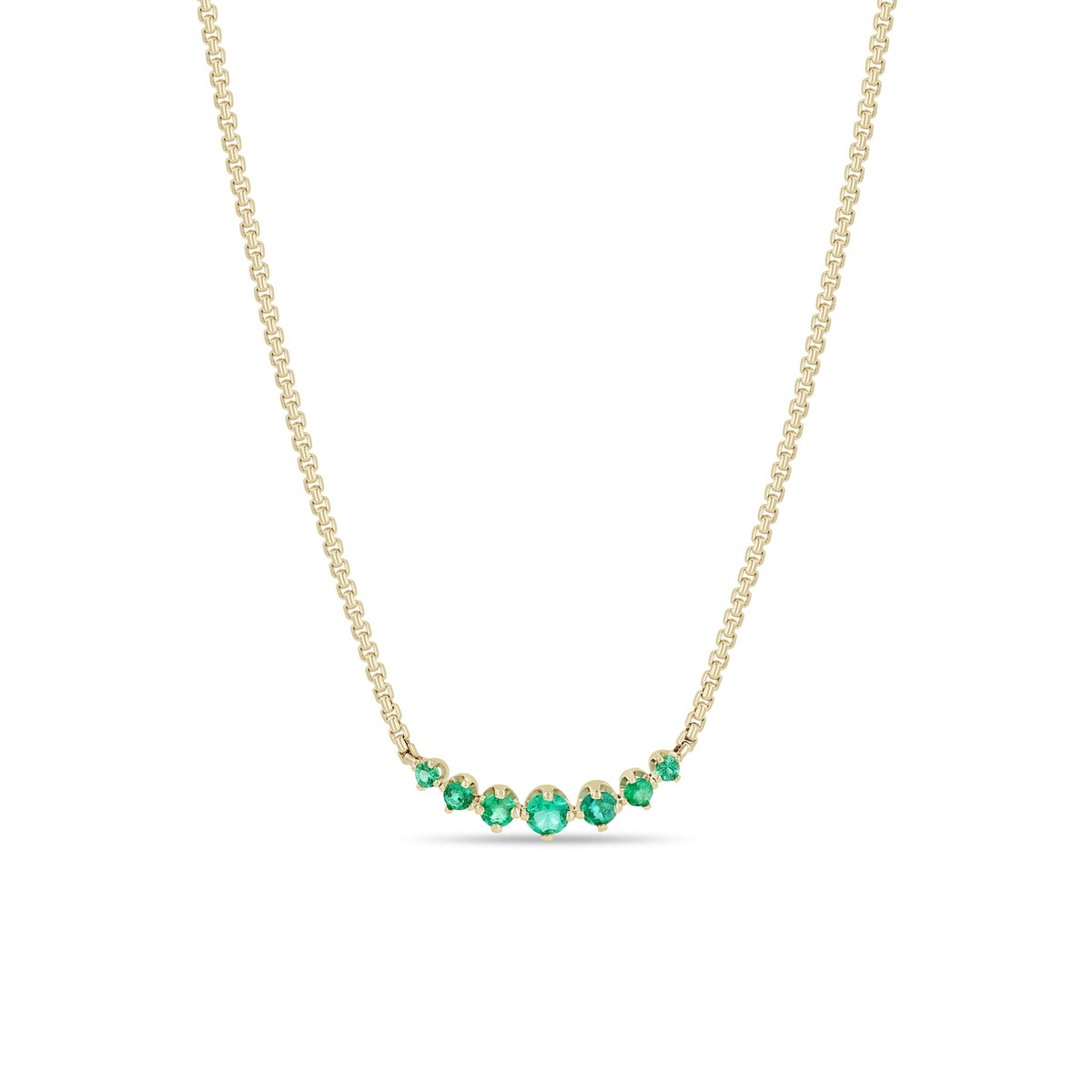 14K Curve X-Small Box Chain Necklace with 7 Graduated Emeralds - Peridot Fine Jewelry - Zoe Chicco