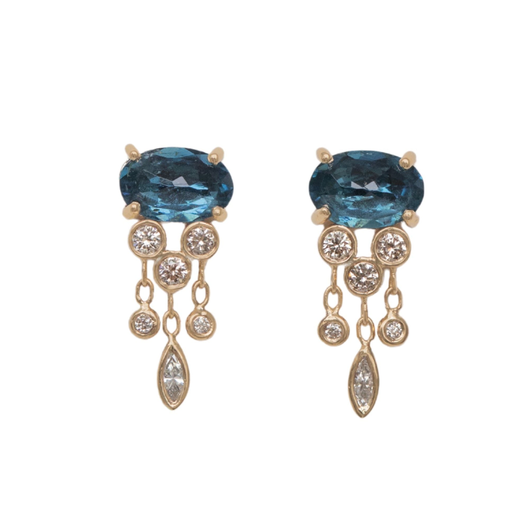 14K & Deep Blue Tourmaline "Jellyfish" Earrings with Diamond Details - Peridot Fine Jewelry - Celine Daoust