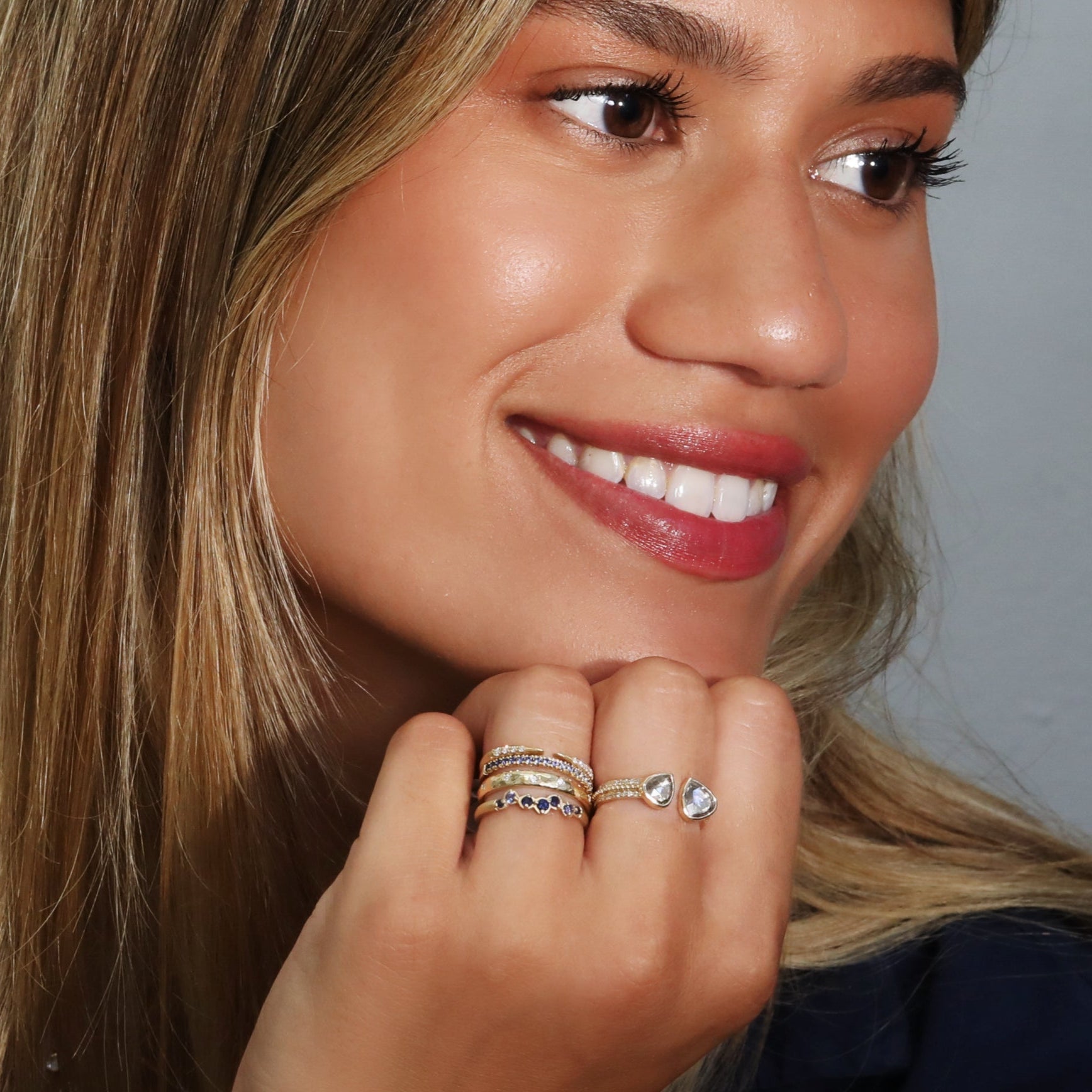 14K Double Bezel-Set Asymmetrical Grey Rose-Cut Diamond Ring on Open Band with Diamond Details - Peridot Fine Jewelry - Celine Daoust
