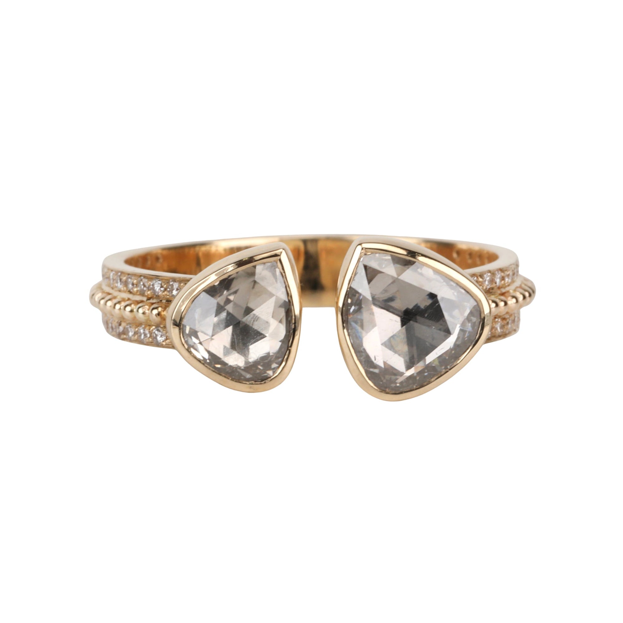 14K Double Bezel-Set Asymmetrical Grey Rose-Cut Diamond Ring on Open Band with Diamond Details - Peridot Fine Jewelry - Celine Daoust
