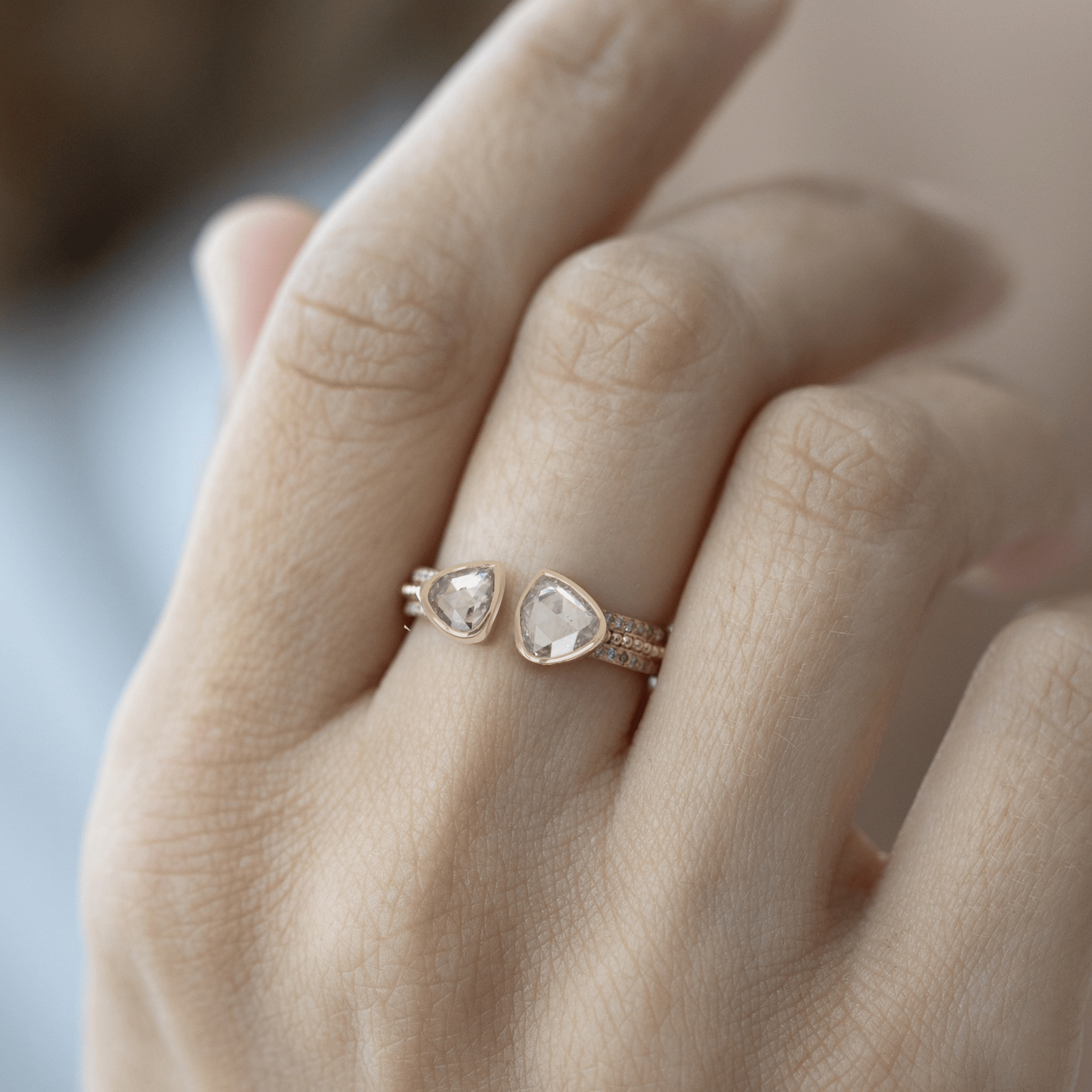 14K Double Bezel - Set Asymmetrical Grey Rose - Cut Diamond Ring on Open Band with Diamond Details - Peridot Fine Jewelry - Celine Daoust