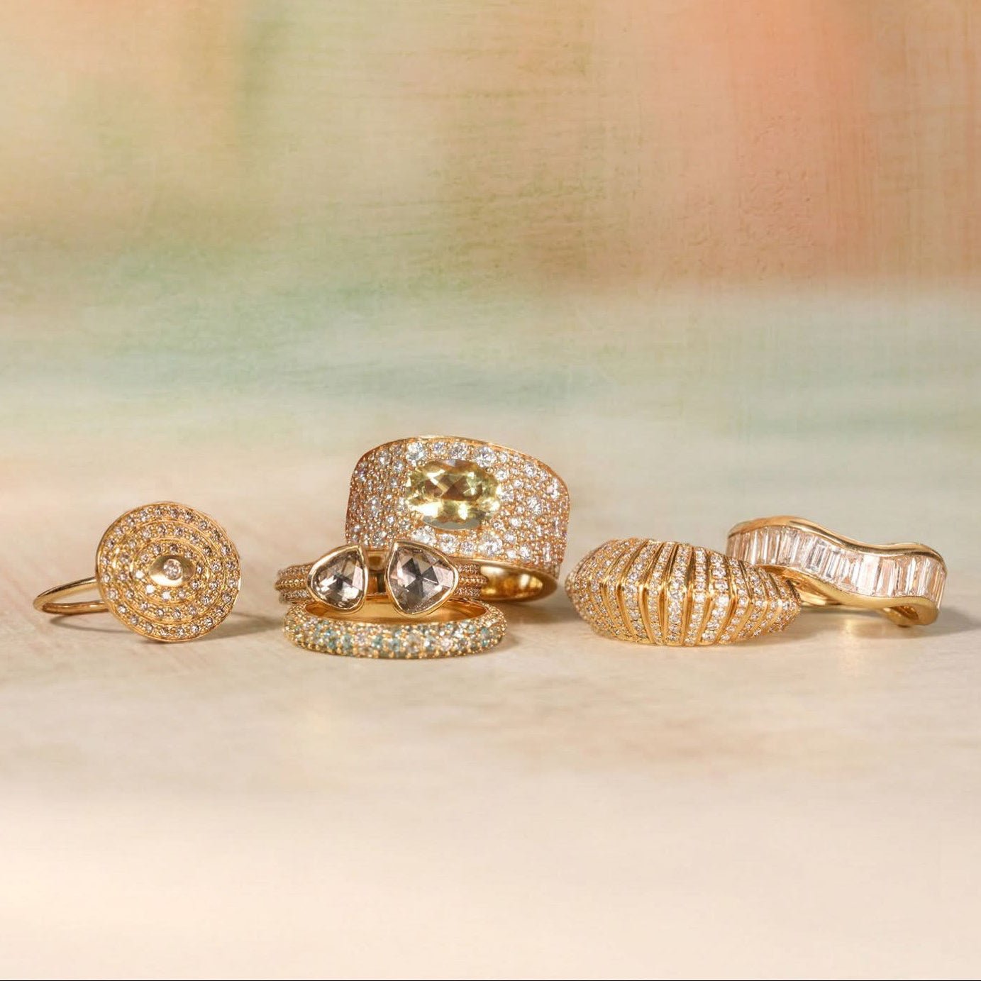 14K Double Bezel-Set Asymmetrical Grey Rose-Cut Diamond Ring on Open Band with Diamond Details - Peridot Fine Jewelry - Celine Daoust