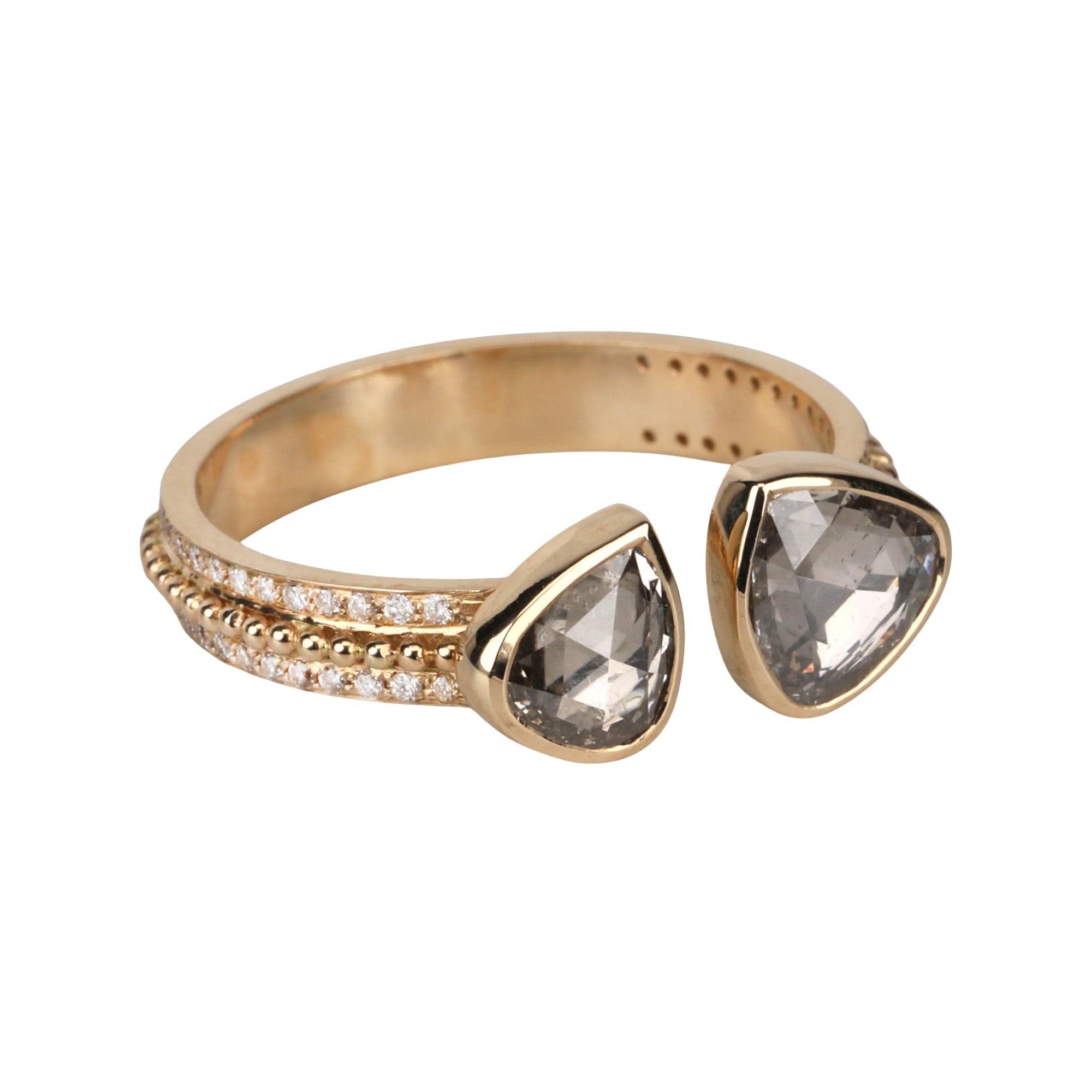 14K Double Bezel-Set Asymmetrical Grey Rose-Cut Diamond Ring on Open Band with Diamond Details - Peridot Fine Jewelry - Celine Daoust