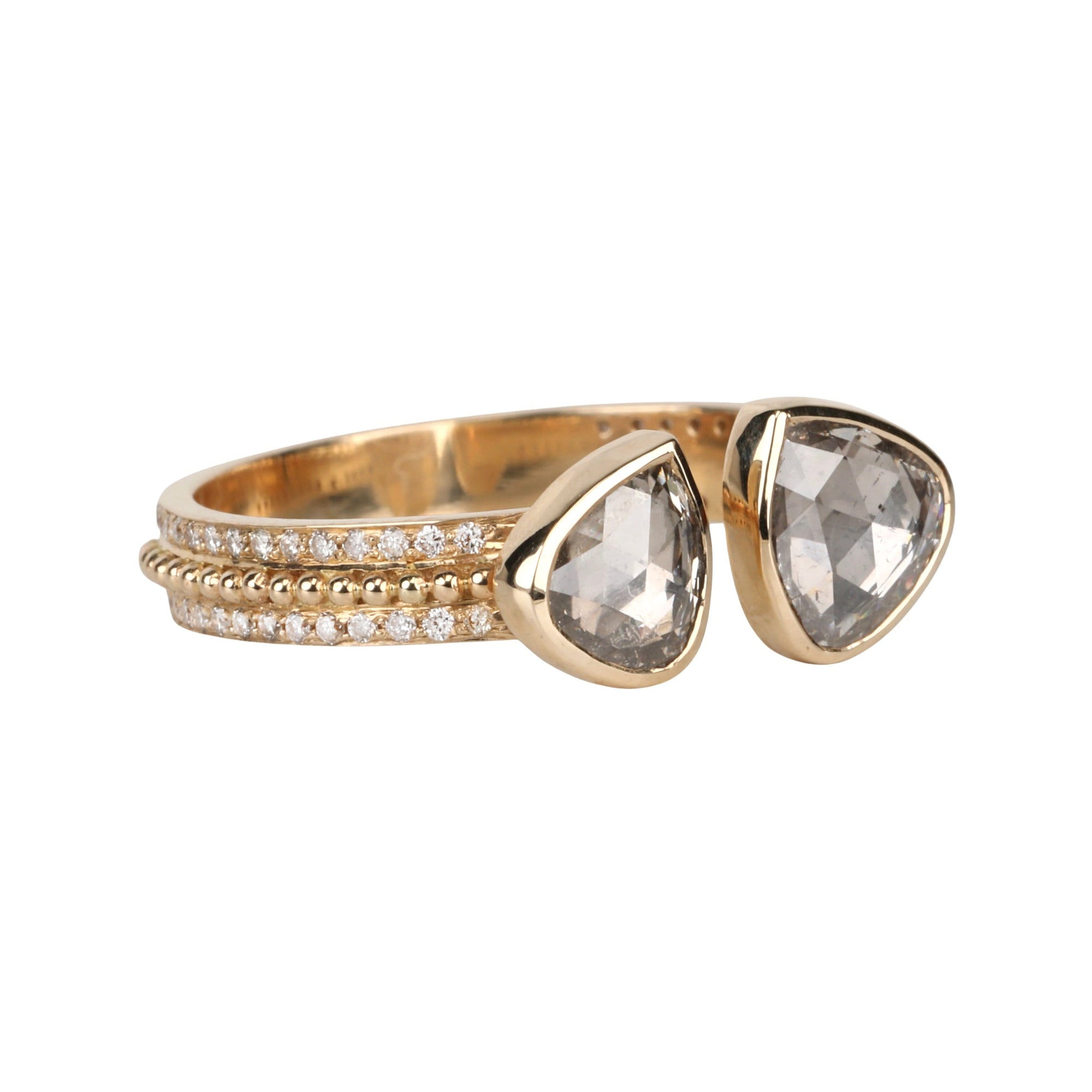 14K Double Bezel-Set Asymmetrical Grey Rose-Cut Diamond Ring on Open Band with Diamond Details - Peridot Fine Jewelry - Celine Daoust