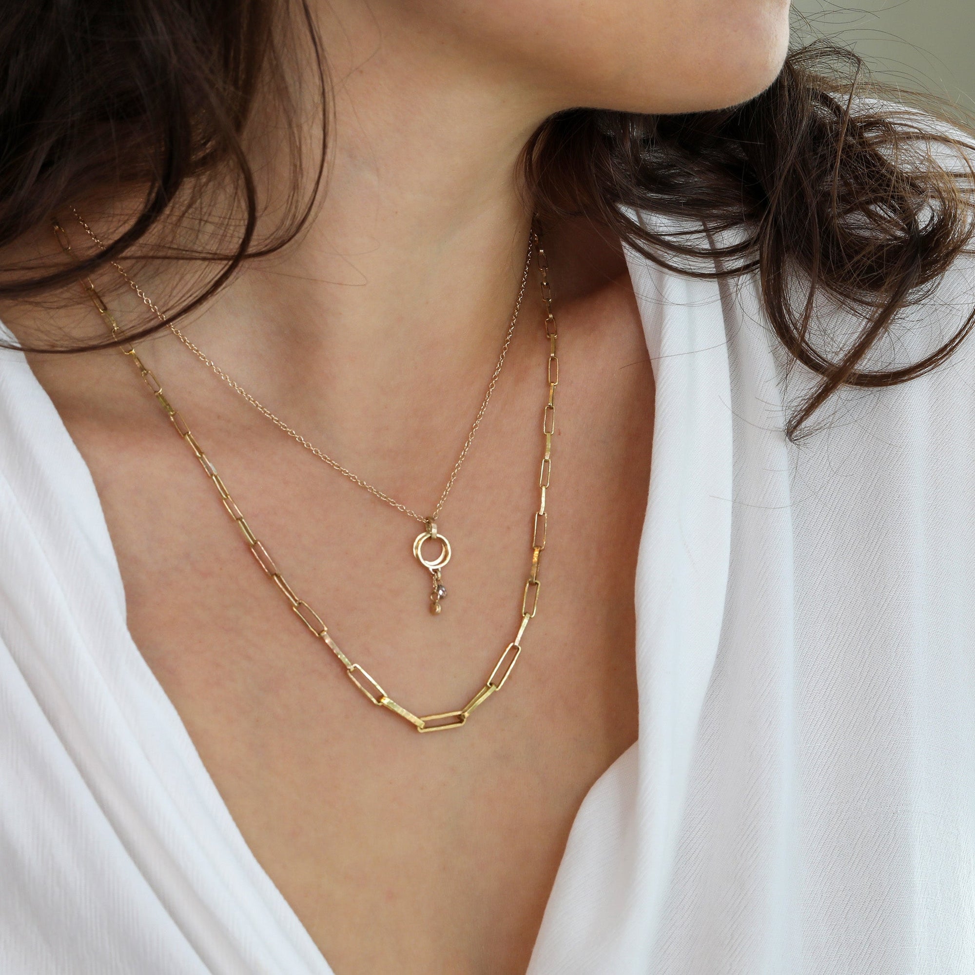 14K Double Open Circle Drop Necklace with Diamond Briolette Bead &amp; Diamond Nugget - Peridot Fine Jewelry - Sarah Macfadden
