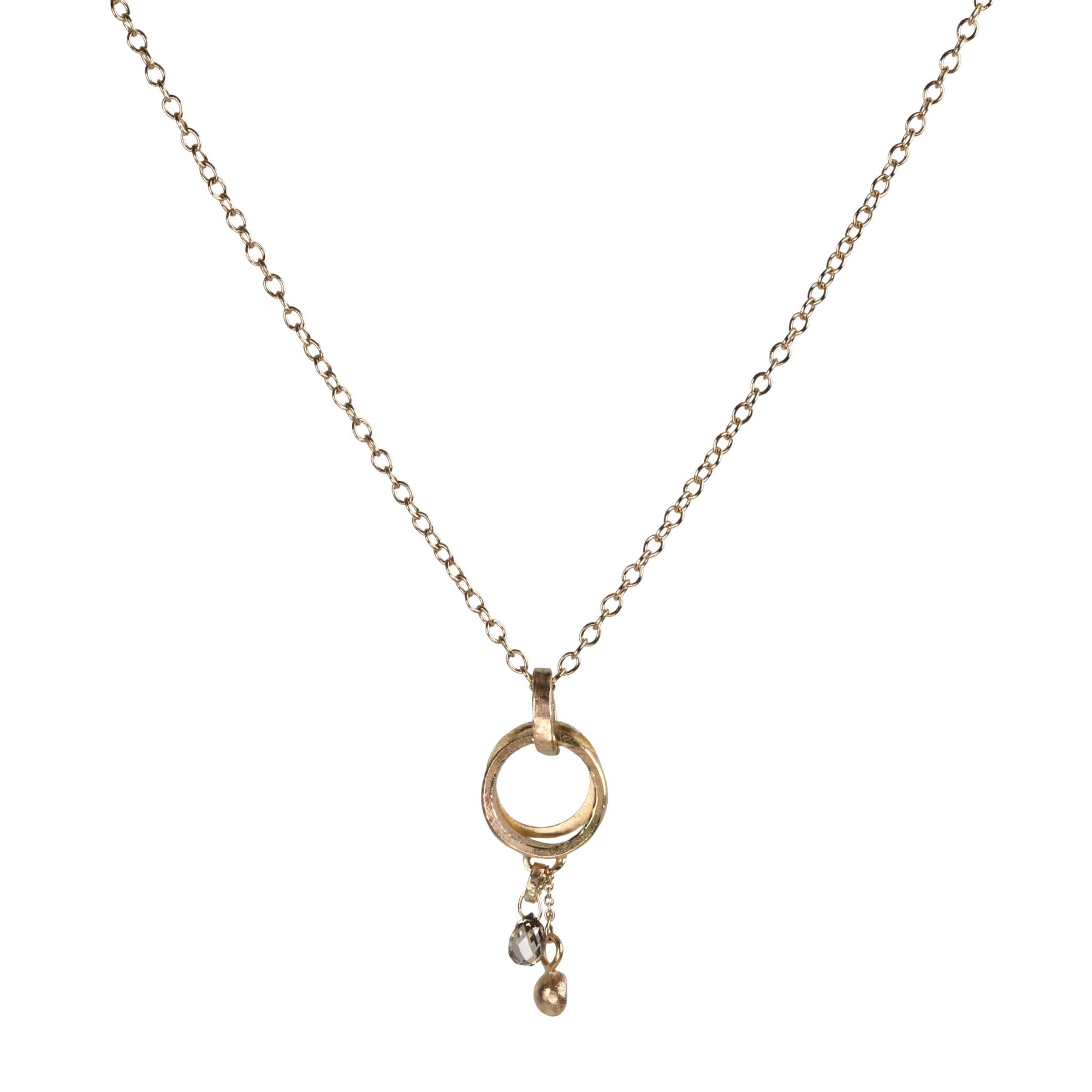 14K Double Open Circle Drop Necklace with Diamond Briolette Bead &amp; Diamond Nugget - Peridot Fine Jewelry - Sarah Macfadden
