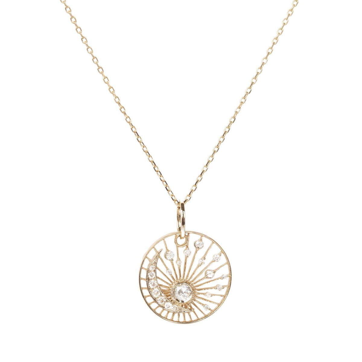 14K "Dream Maker" Necklace with Pave Diamond Crescent, Bezel - Set Grey Diamond &amp; Cutout Diamond Details - Peridot Fine Jewelry - Celine Daoust