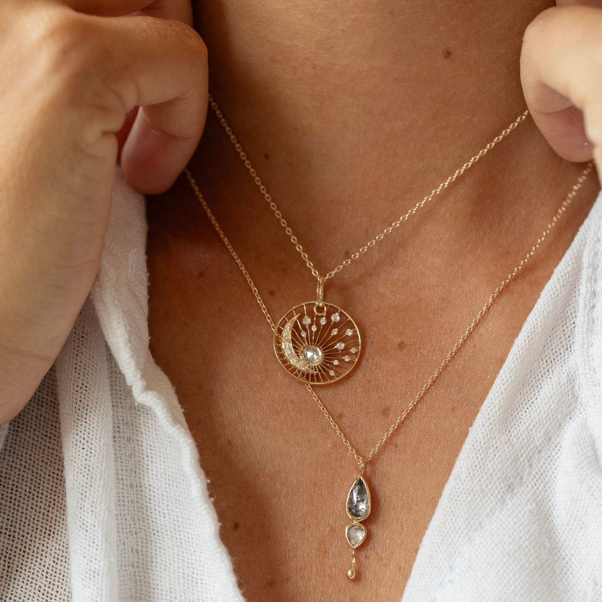 14K "Dream Maker" Necklace with Pave Diamond Crescent, Bezel - Set Grey Diamond &amp; Cutout Diamond Details - Peridot Fine Jewelry - Celine Daoust