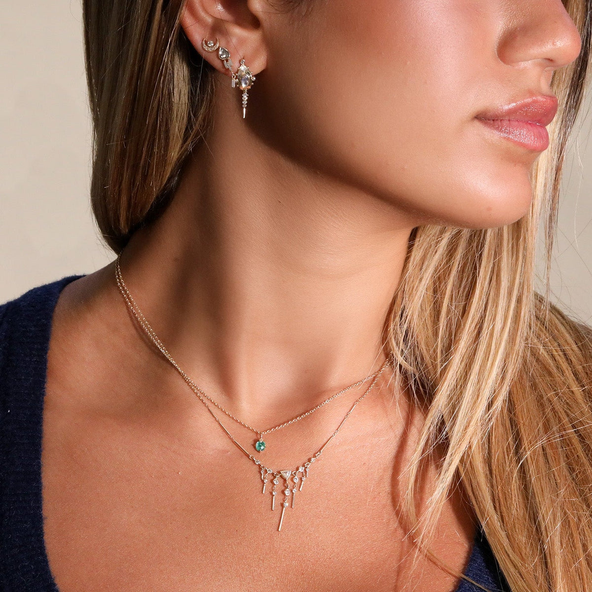 14K "Dream Maker" Trillion Diamond Necklace with Dangling Bar &amp; Diamond Details - Peridot Fine Jewelry - Celine Daoust