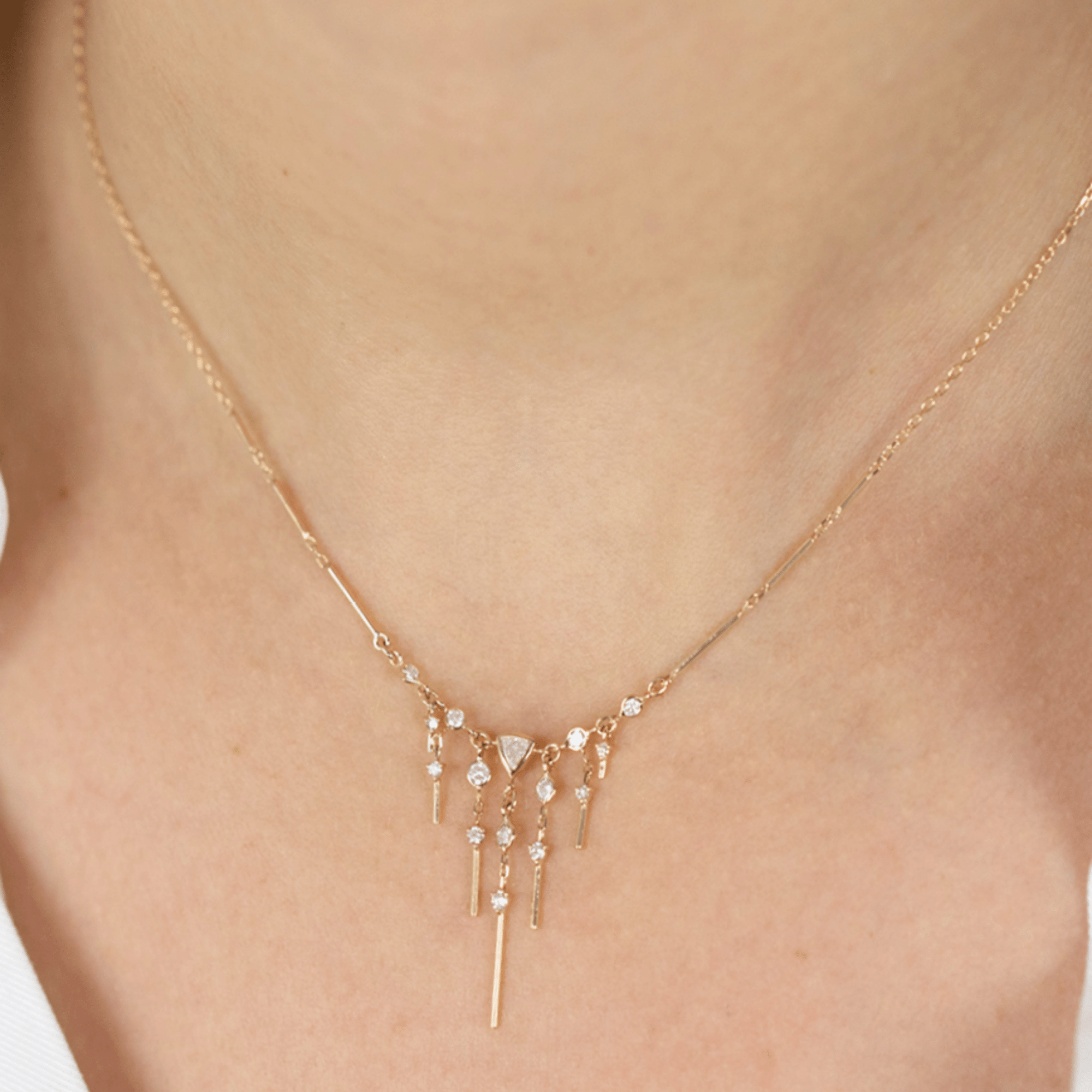 14K "Dream Maker" Trillion Diamond Necklace with Dangling Bar &amp; Diamond Details - Peridot Fine Jewelry - Celine Daoust