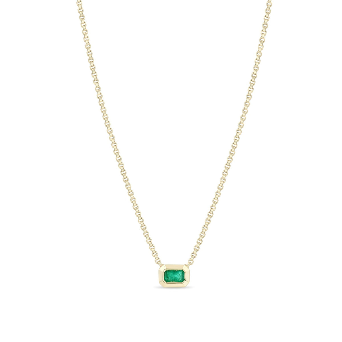 14K Extra Small Box Chain Necklace with Horizontal Bezel-Set Emerald Pendant - Peridot Fine Jewelry - Zoe Chicco