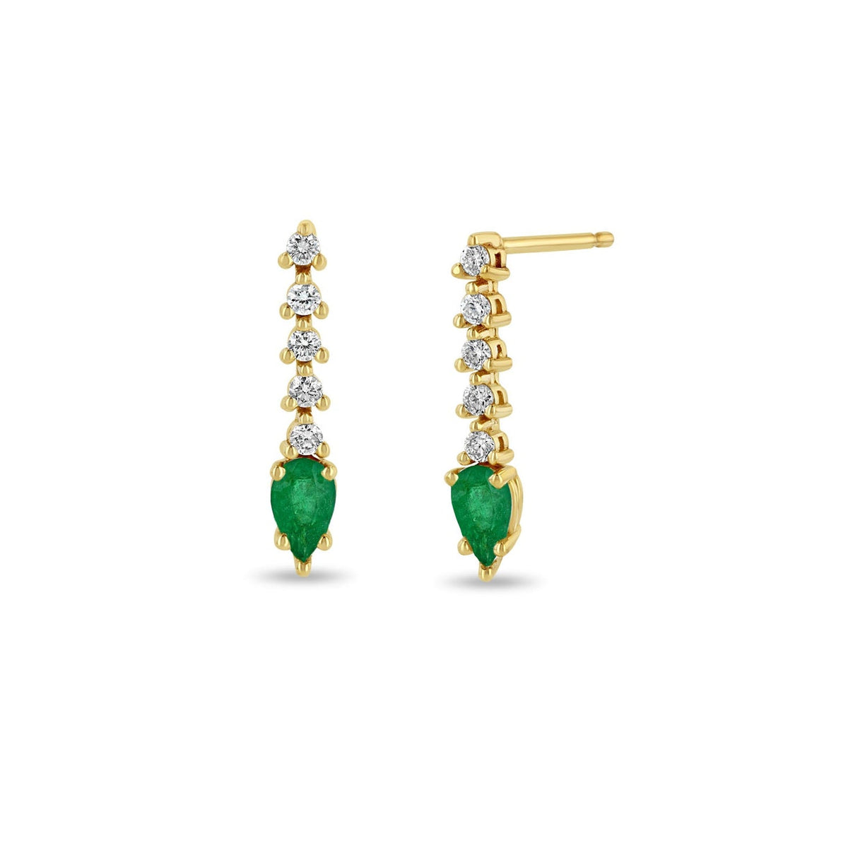 14K &amp; Five Prong-Set Diamond Short Tennis Drop Post Earrings with Pear Shaped Emeralds - Peridot Fine Jewelry - Zoe Chicco