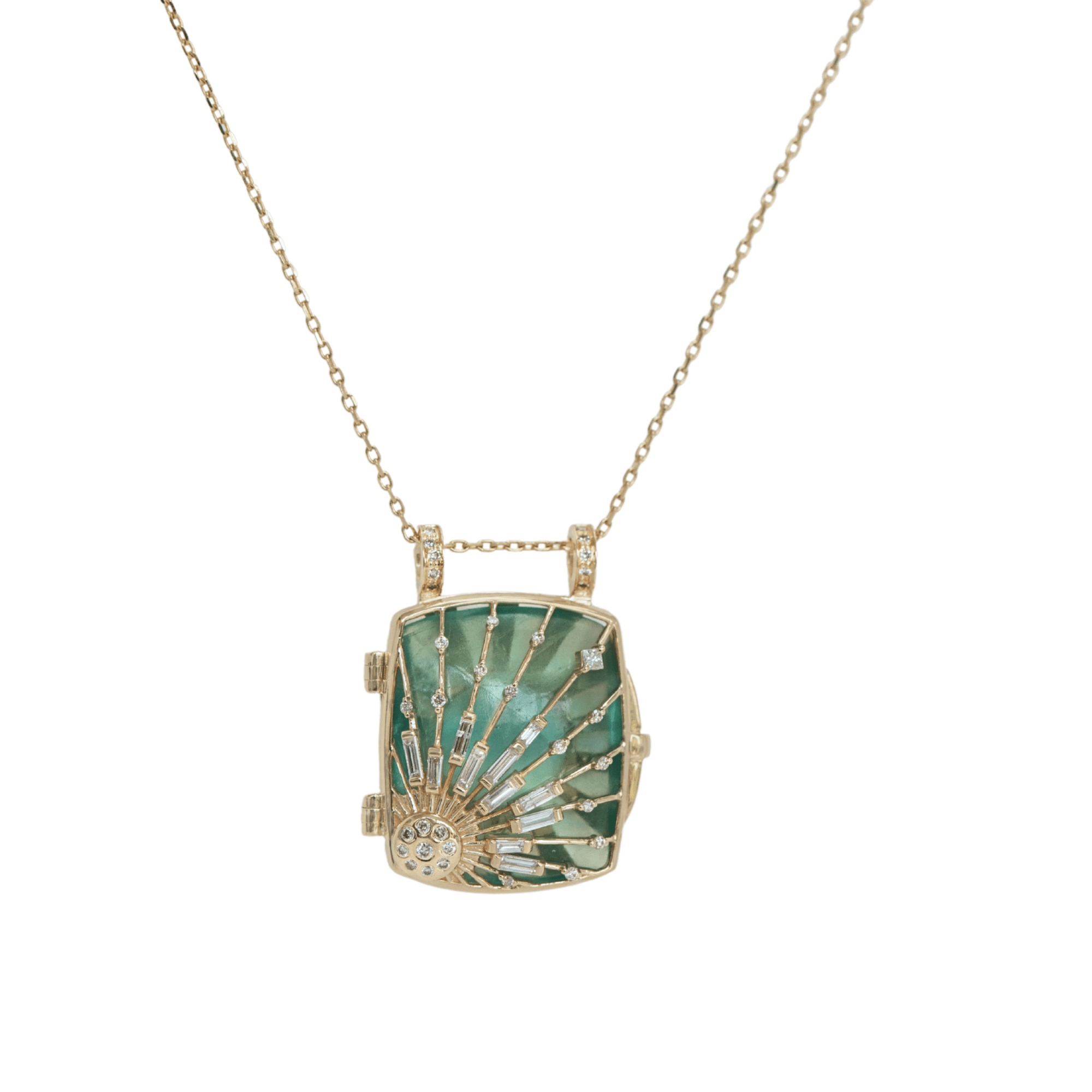 14K &amp; Fluorite "Sun &amp; Diamonds" Locket Necklace - Peridot Fine Jewelry - Celine Daoust