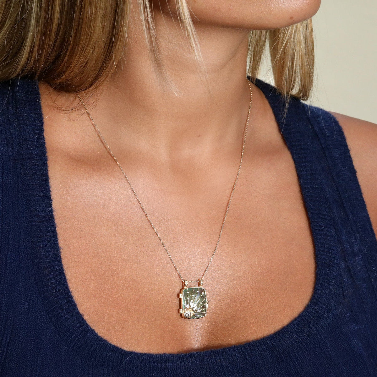 14K &amp; Fluorite "Sun &amp; Diamonds" Locket Necklace - Peridot Fine Jewelry - Celine Daoust
