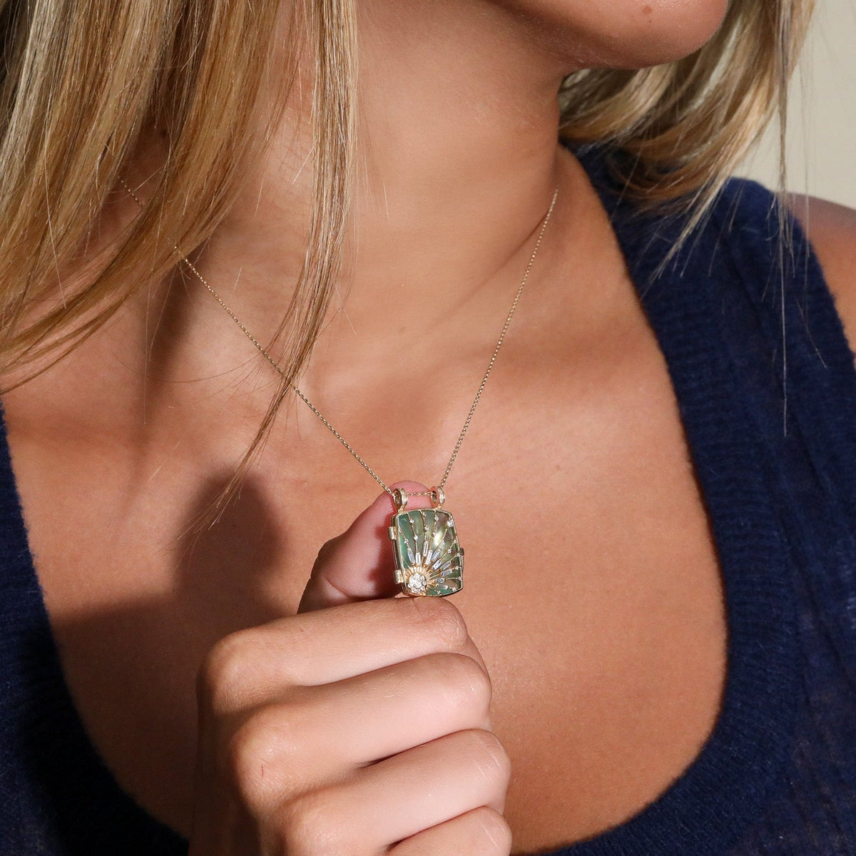 14K &amp; Fluorite "Sun &amp; Diamonds" Locket Necklace - Peridot Fine Jewelry - Celine Daoust