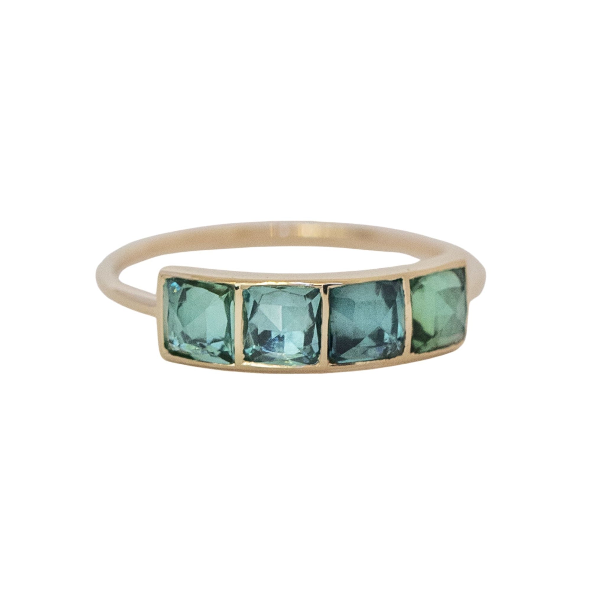 14K Four Bezel - Set Square Faceted Blue - Green Tourmaline Ring - Peridot Fine Jewelry - Celine Daoust