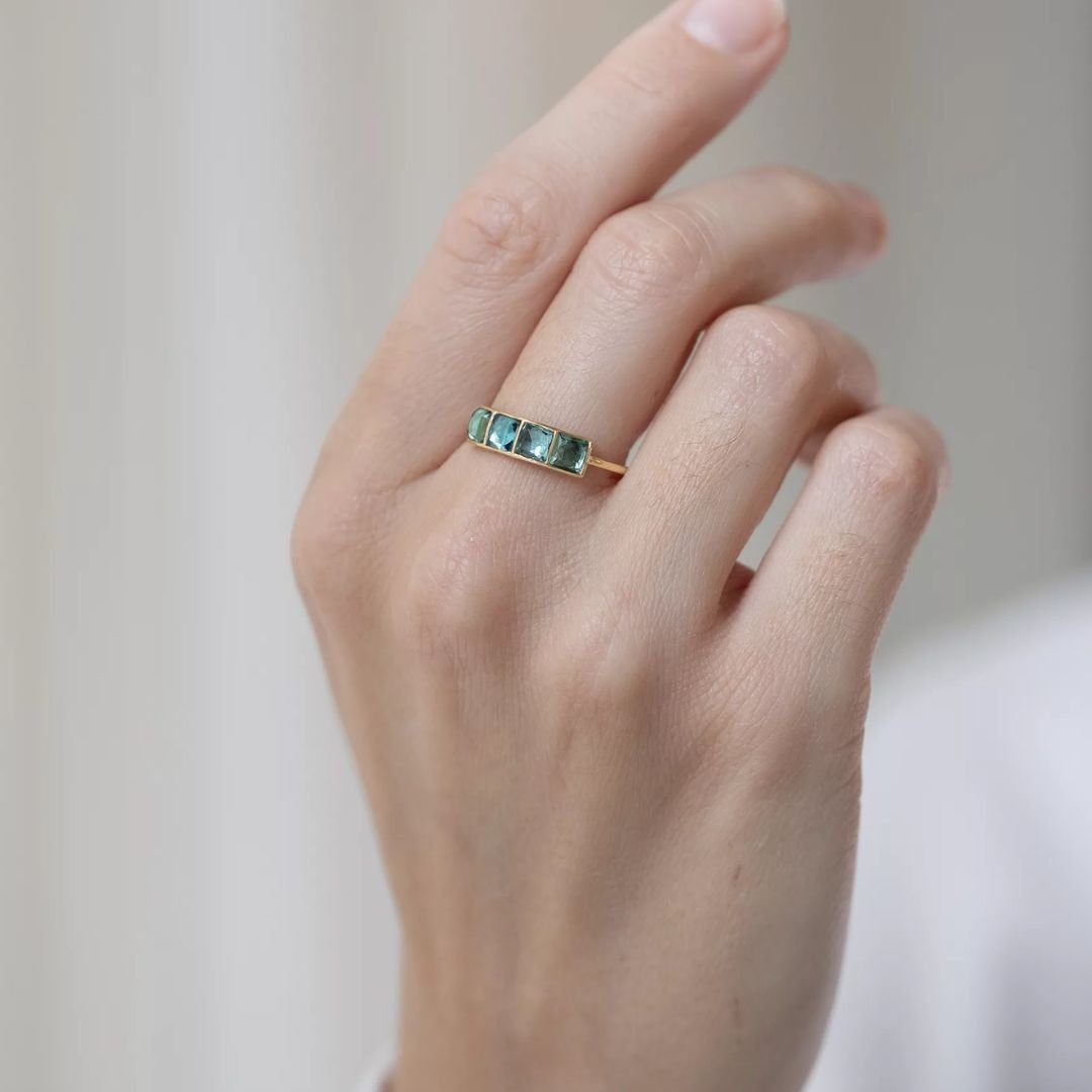 14K Four Bezel - Set Square Faceted Blue - Green Tourmaline Ring - Peridot Fine Jewelry - Celine Daoust