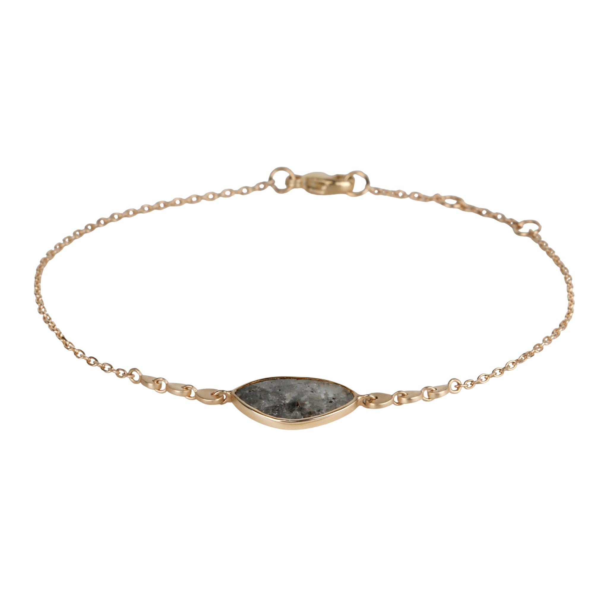 14K Gold Bezel - Set Irregular Grey Diamond Slice Bracelet with Heart - Shaped Link Details - Peridot Fine Jewelry - Celine Daoust
