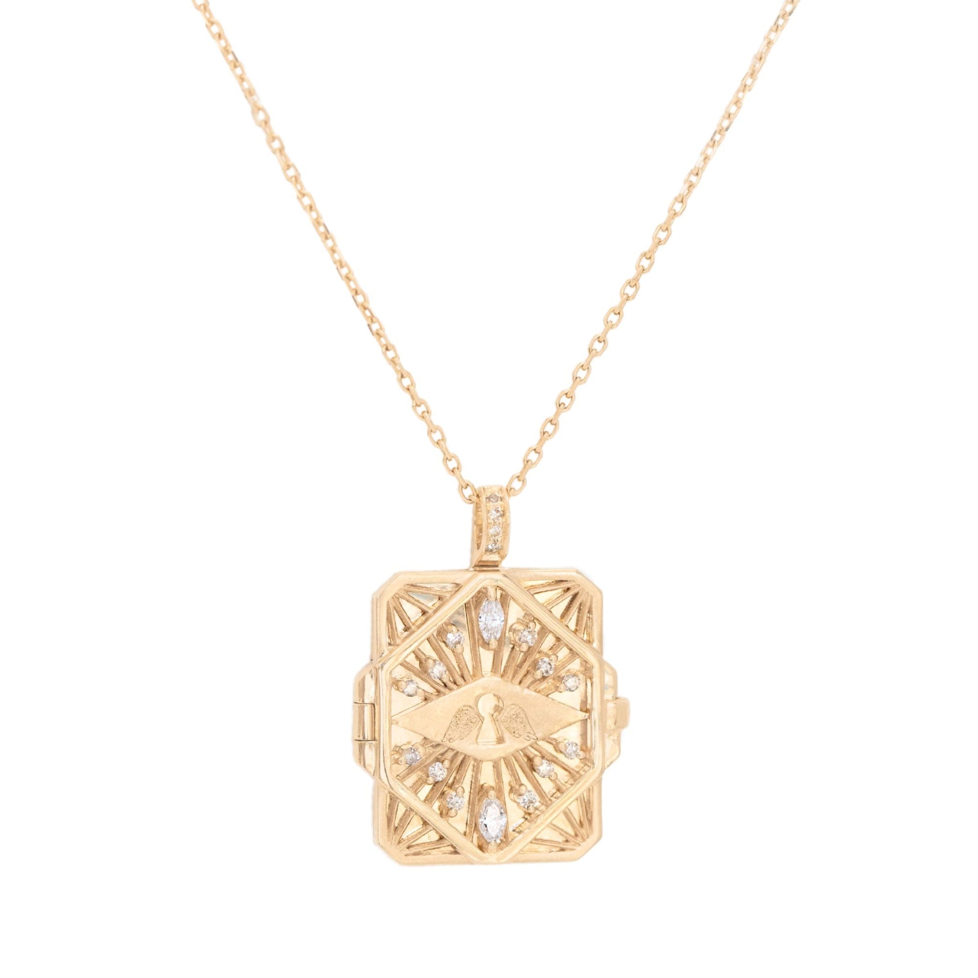 14K Gold &quot;Diamond &amp; Key&quot; Open Book Locket Necklace - Peridot Fine Jewelry - Celine Daoust