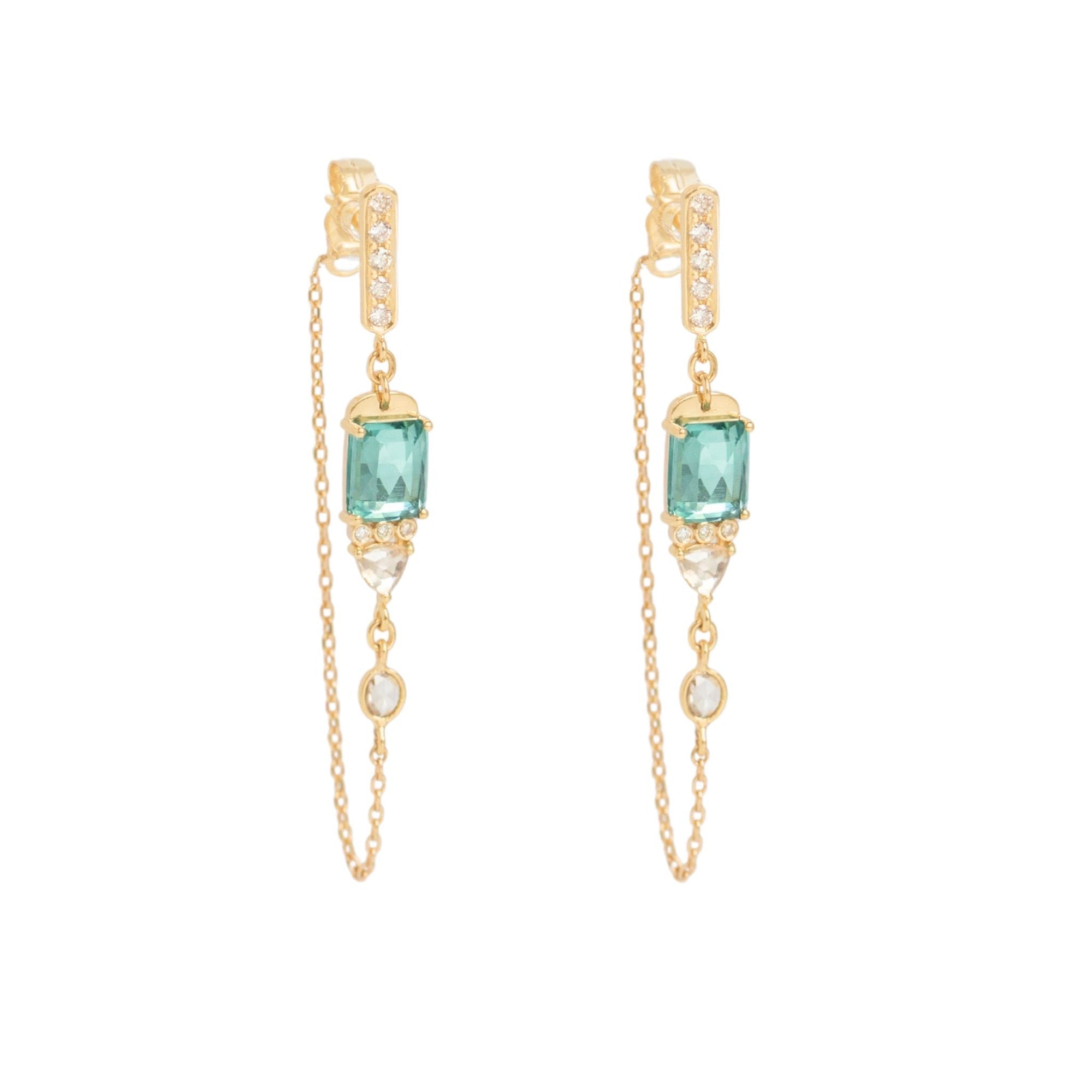 14K Gold Front-to-Back Chain Earrings with Rosecut Green Tourmalines - Peridot Fine Jewelry - Celine Daoust