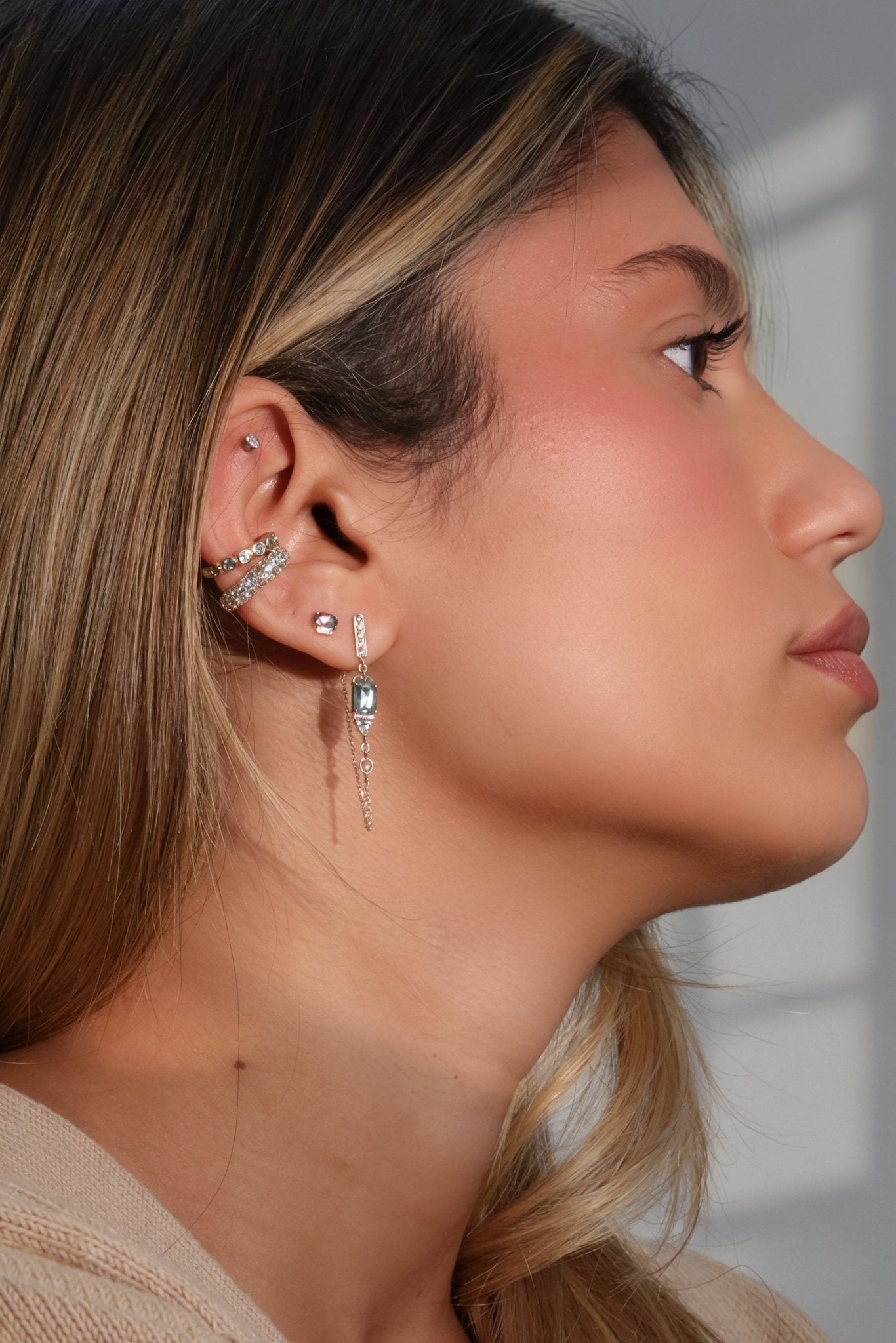 14K Gold Front-to-Back Chain Earrings with Rosecut Green Tourmalines - Peridot Fine Jewelry - Celine Daoust