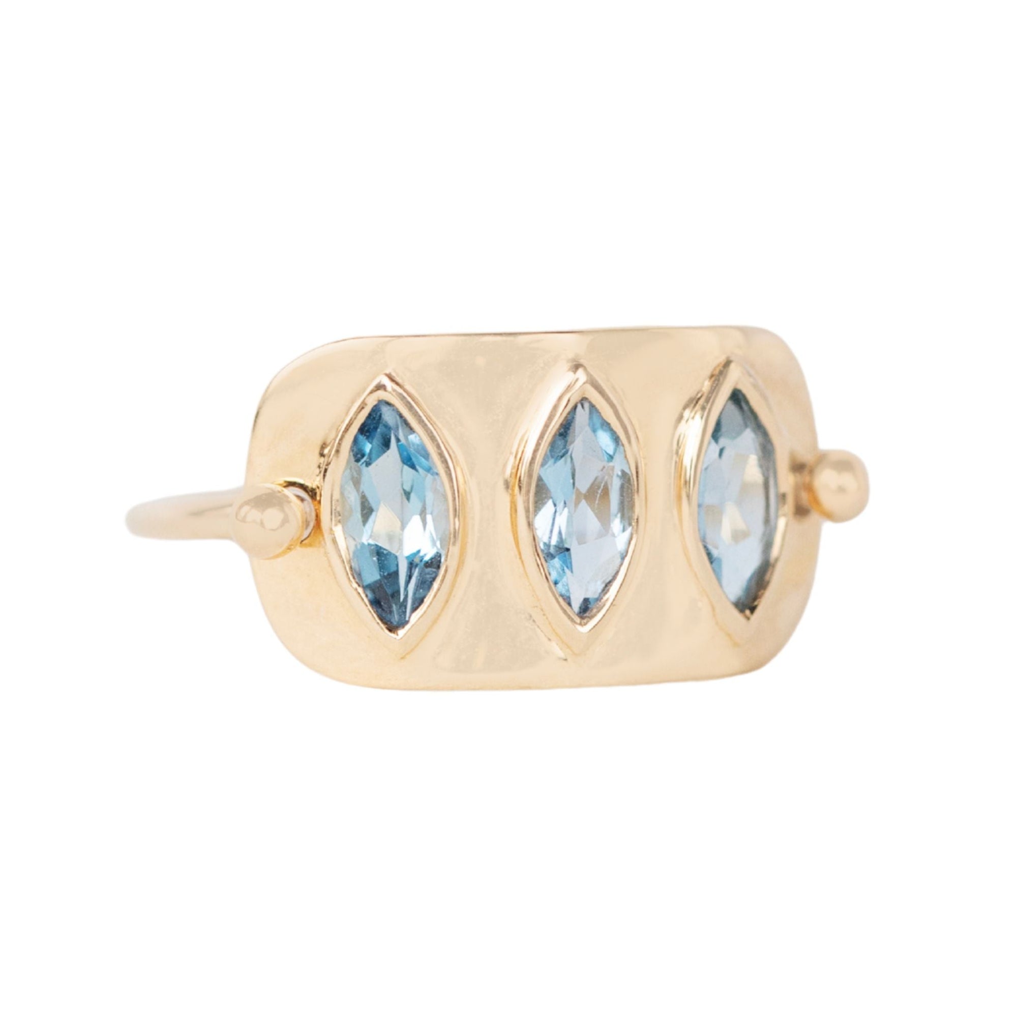 14K Gold High Polish "Plate" Ring with Three Marquise Aquamarines - Peridot Fine Jewelry - Celine Daoust