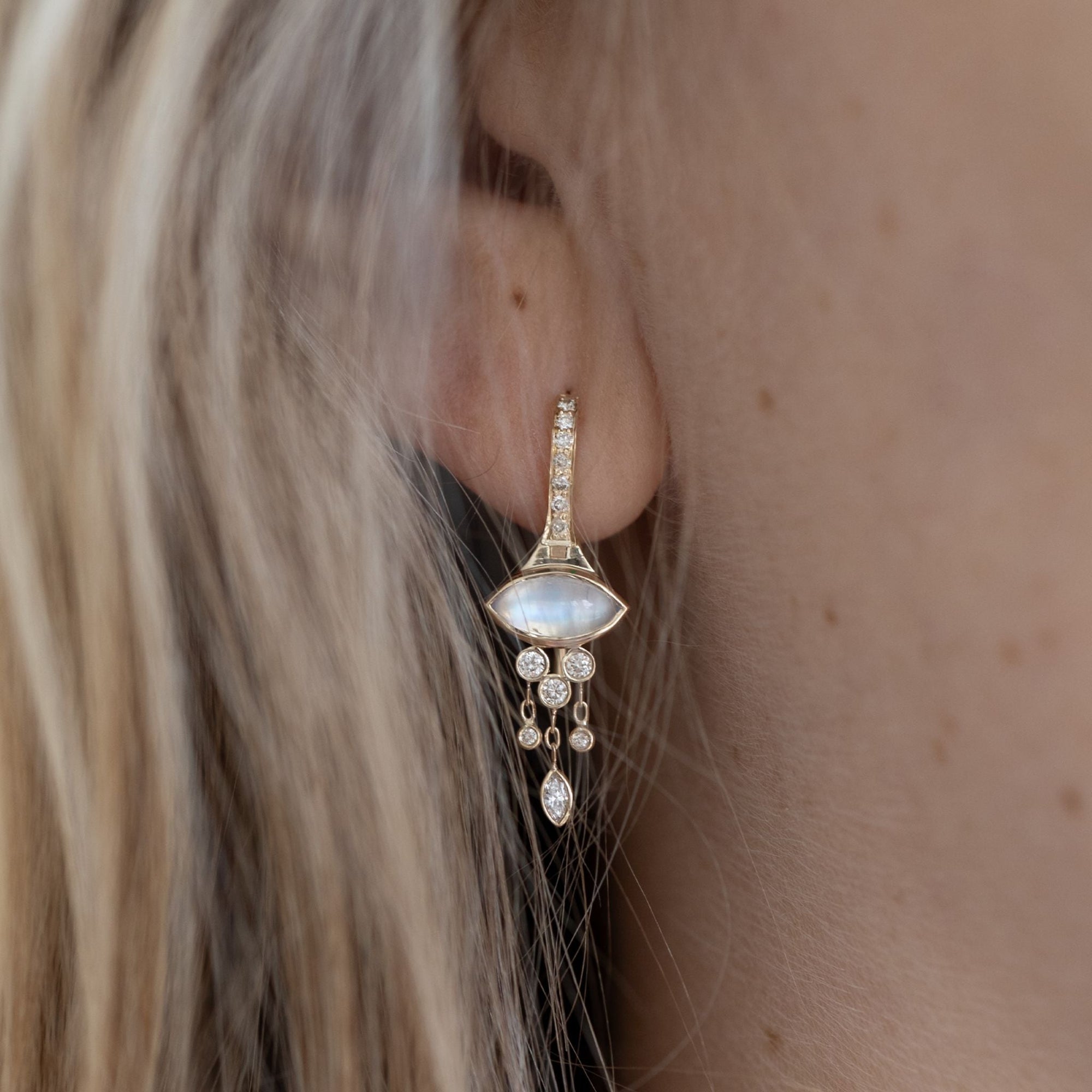 14K Gold Marquise Moonstone and Diamond "Fringe" Earrings - Peridot Fine Jewelry - Celine Daoust