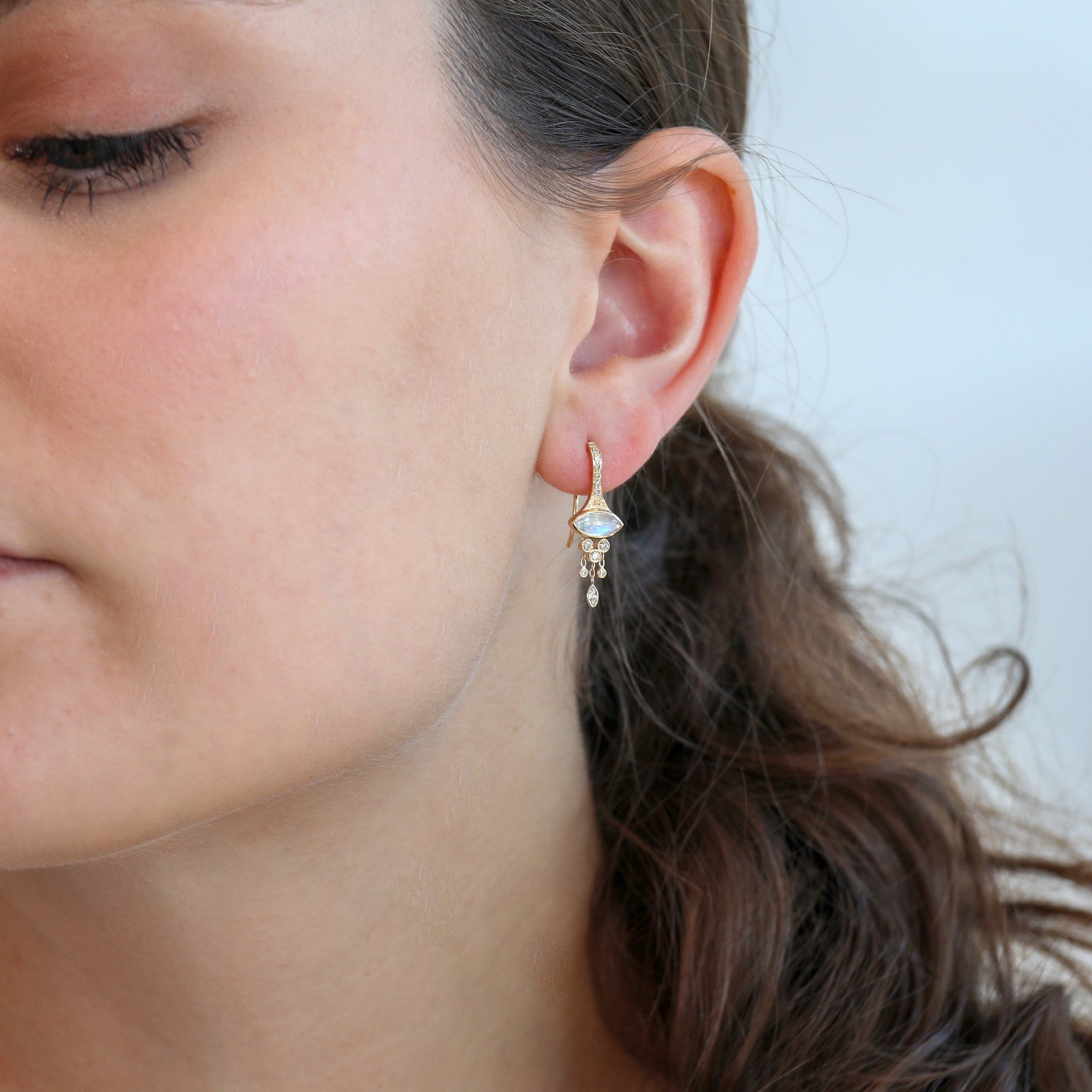 14K Gold Marquise Moonstone and Diamond "Fringe" Earrings - Peridot Fine Jewelry - Celine Daoust