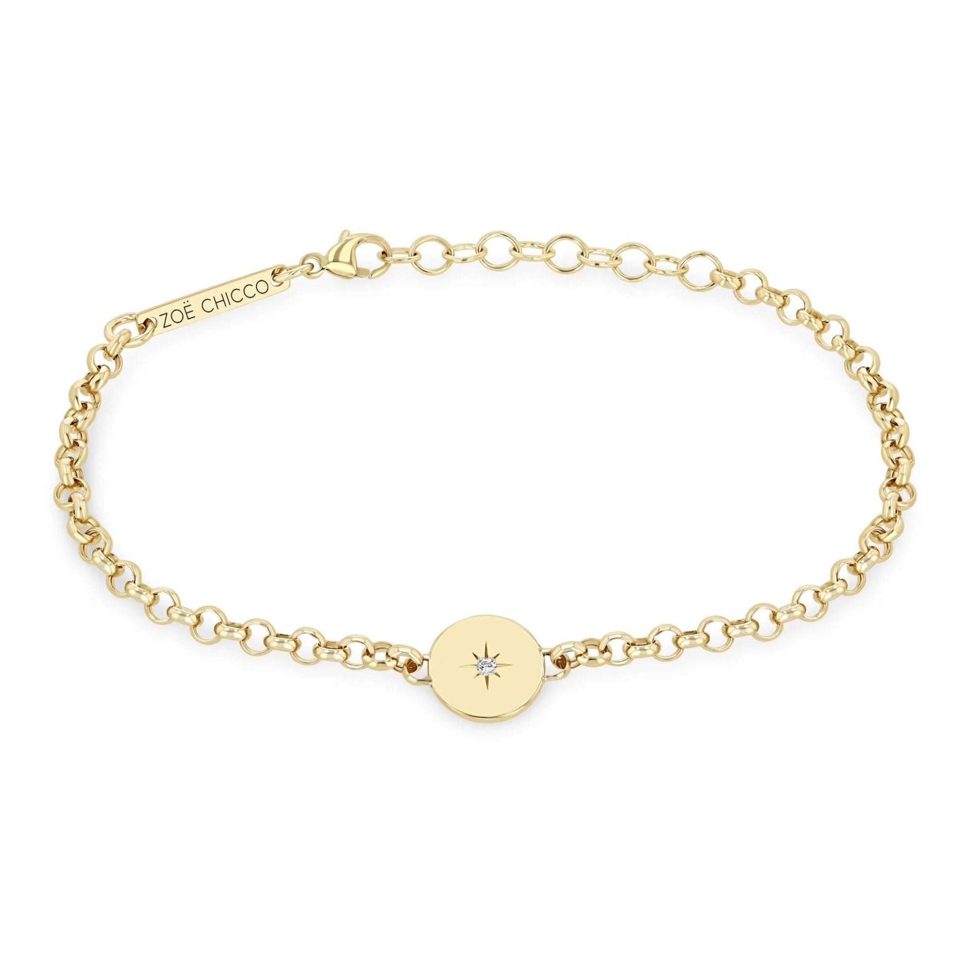 14K Gold Medium Rolo Chain Bracelet with Small Star - Set Diamond Disc - Peridot Fine Jewelry - Zoe Chicco