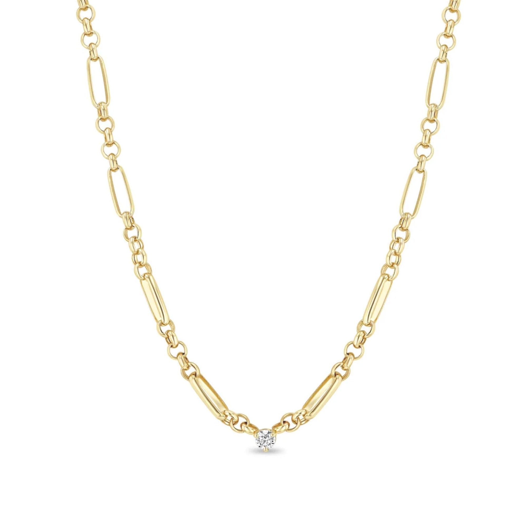 14K Gold Mixed Medium Paperclip and Rolo Chain Necklace wIth Center Diamond - Peridot Fine Jewelry - Zoe Chicco