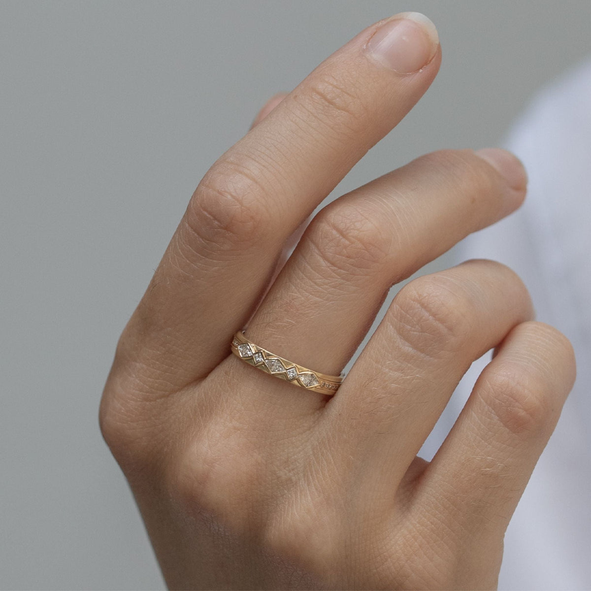 14K Gold &amp; Pave Diamond Ring with Six Trillion &amp; Four Square Diamonds - Peridot Fine Jewelry - Celine Daoust