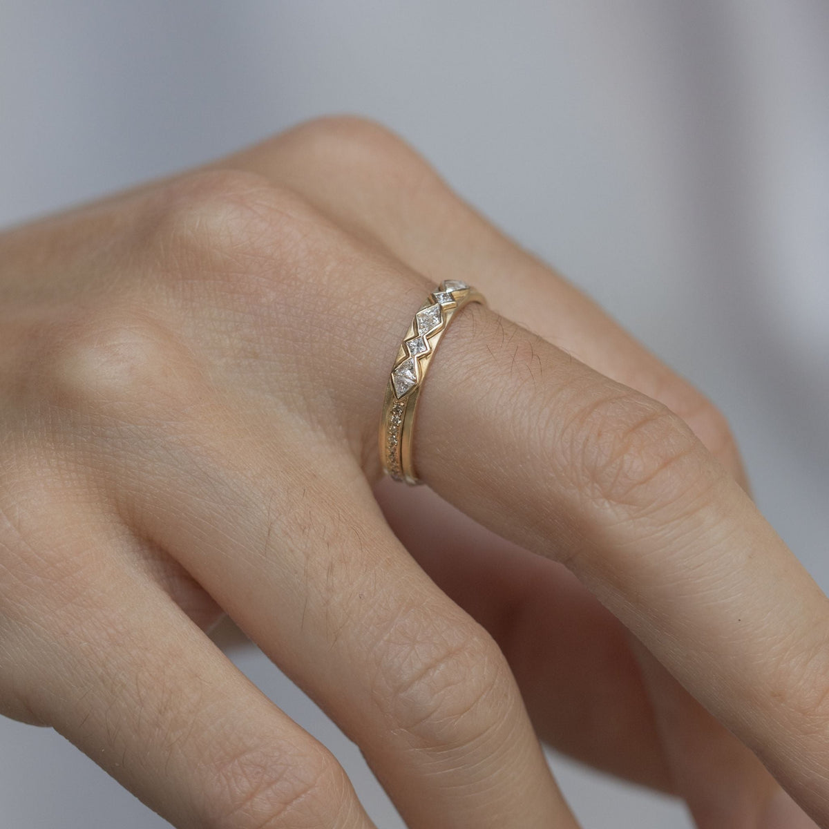 14K Gold &amp; Pave Diamond Ring with Six Trillion &amp; Four Square Diamonds - Peridot Fine Jewelry - Celine Daoust