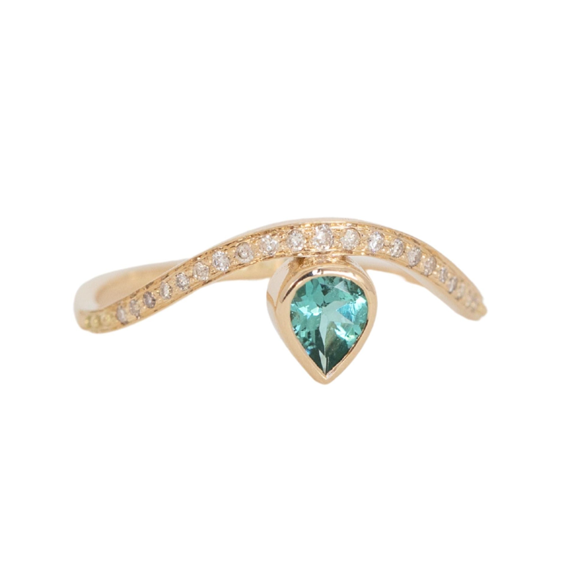14K Gold &amp; Pave Diamond &quot;Wave&quot; Ring with Teardrop Green Tourmaline - Peridot Fine Jewelry - Celine Daoust