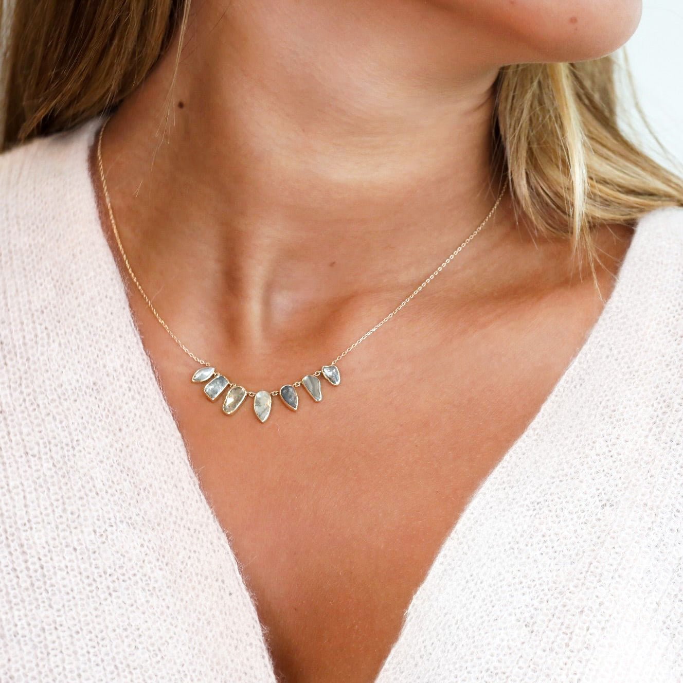 14K Gold Seven Irregular Grey Polki Diamond Necklace - Peridot Fine Jewelry - Celine Daoust