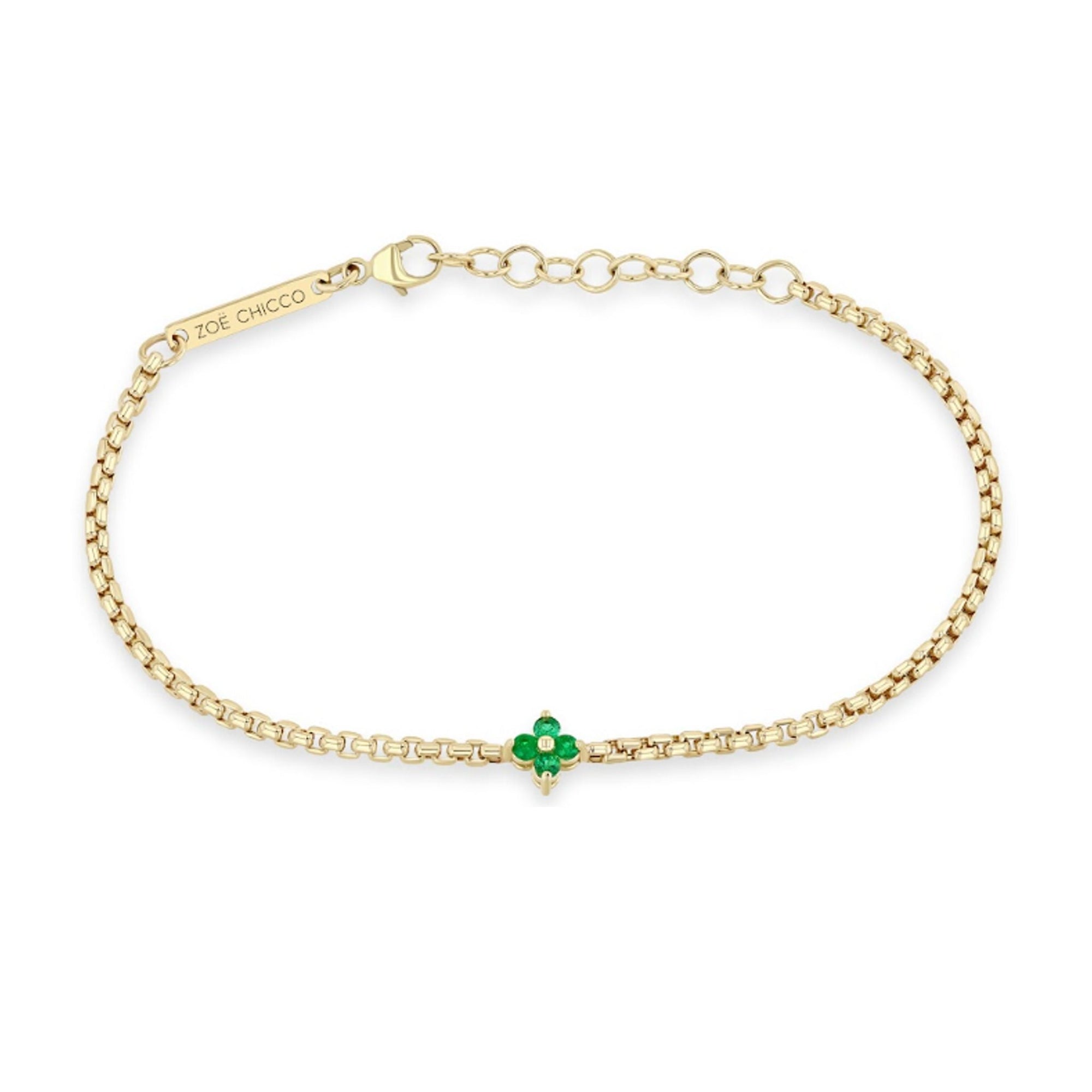 14K Gold Small Box Chain Bracelet with Emerald &quot;Quad&quot; - Peridot Fine Jewelry - Zoe Chicco