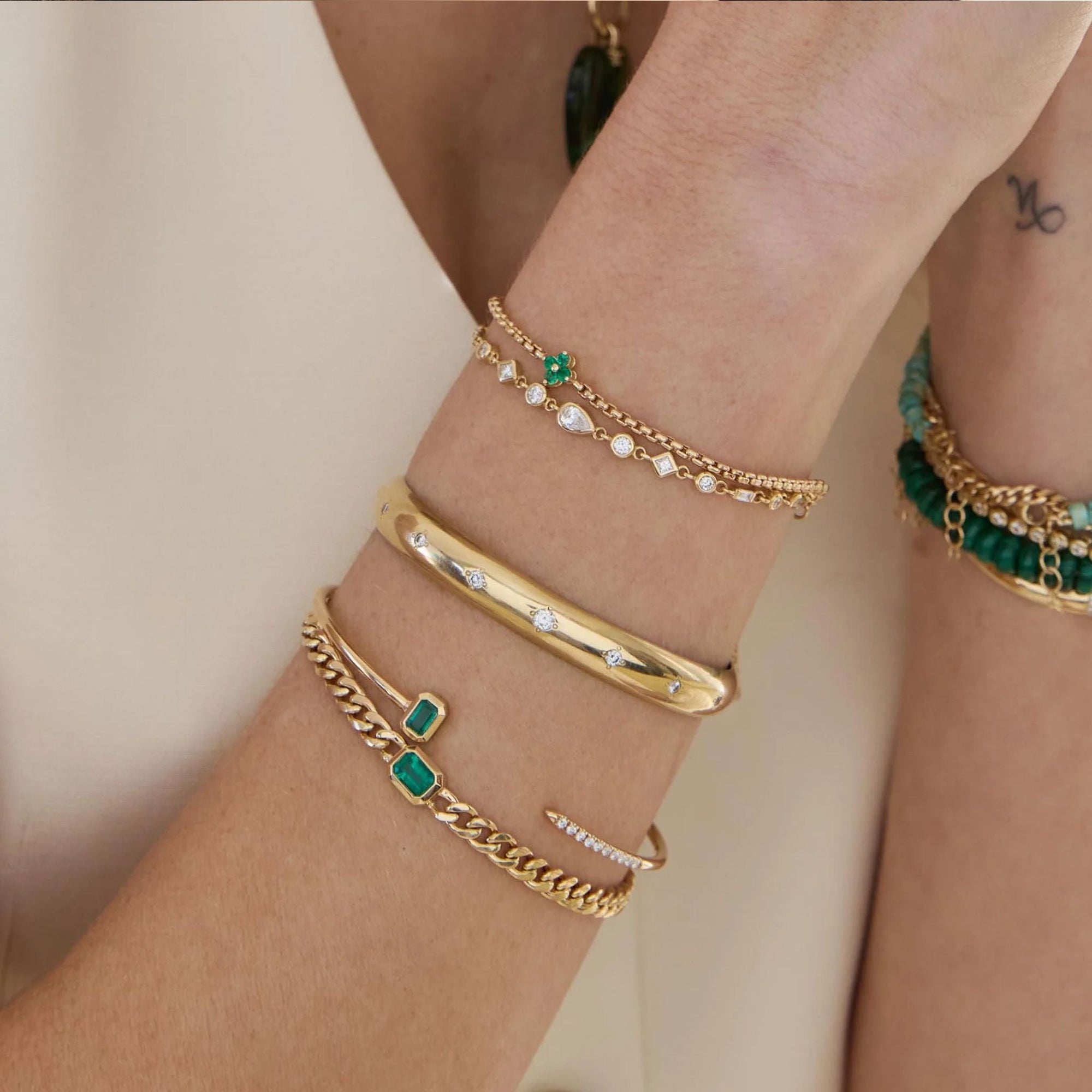 14K Gold Small Box Chain Bracelet with Emerald &quot;Quad&quot; - Peridot Fine Jewelry - Zoe Chicco