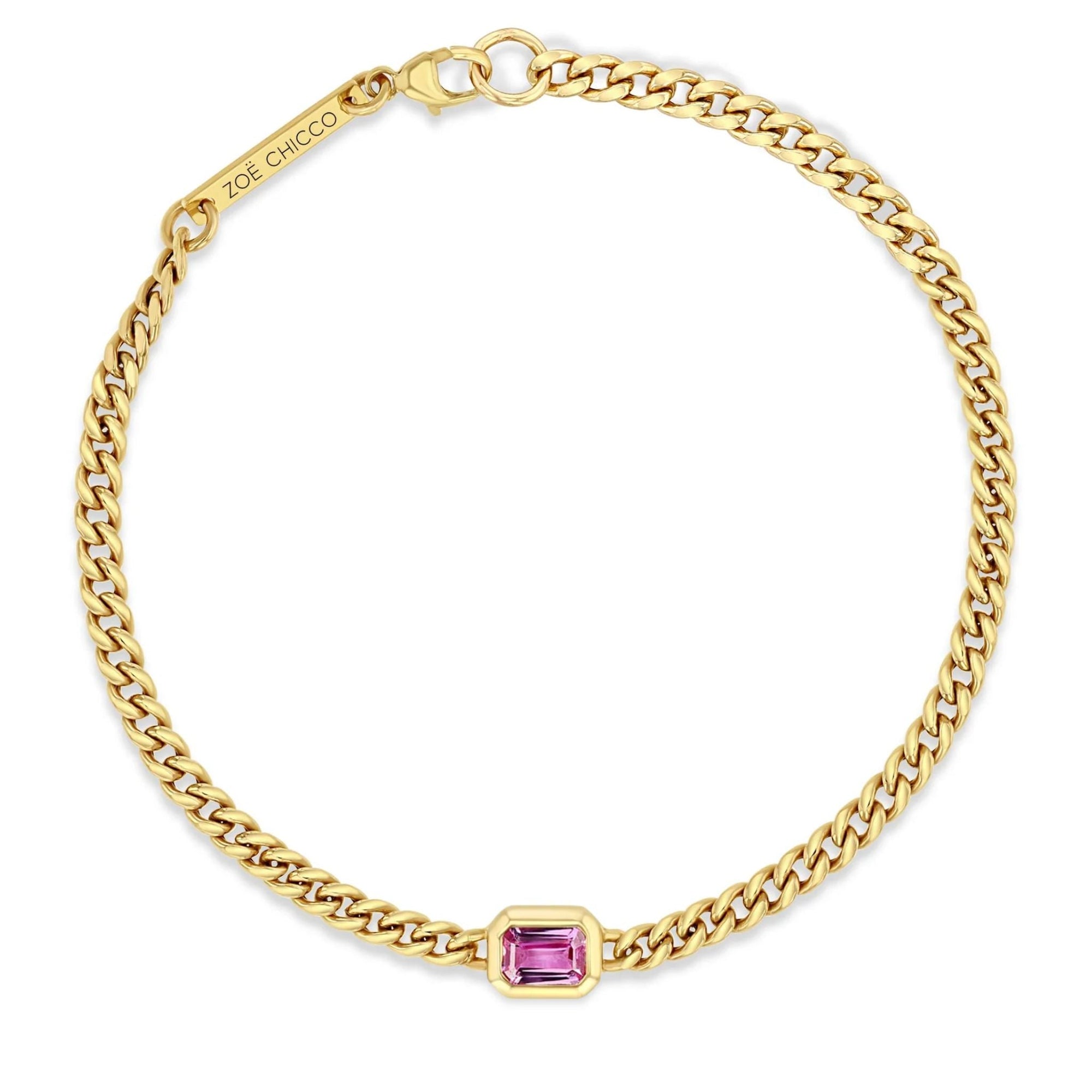 14K Gold Small Curb Chain Bracelet with Bezel - Set Emerald - Cut Pink Sapphire - Peridot Fine Jewelry - Zoe Chicco