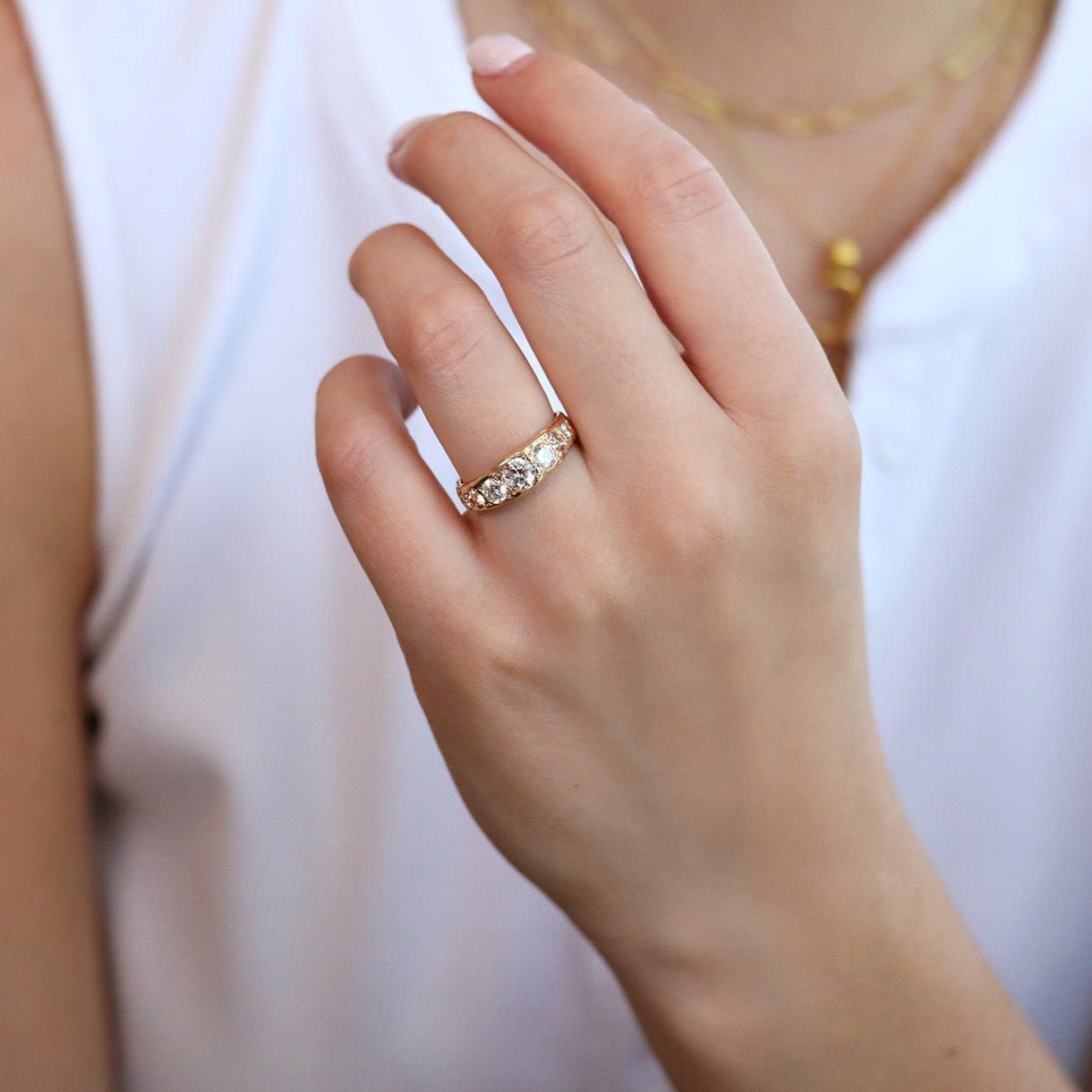 14K Gold Tapered Diamond &amp; Blush Sapphire Ring - Peridot Fine Jewelry - Johanna Brierley