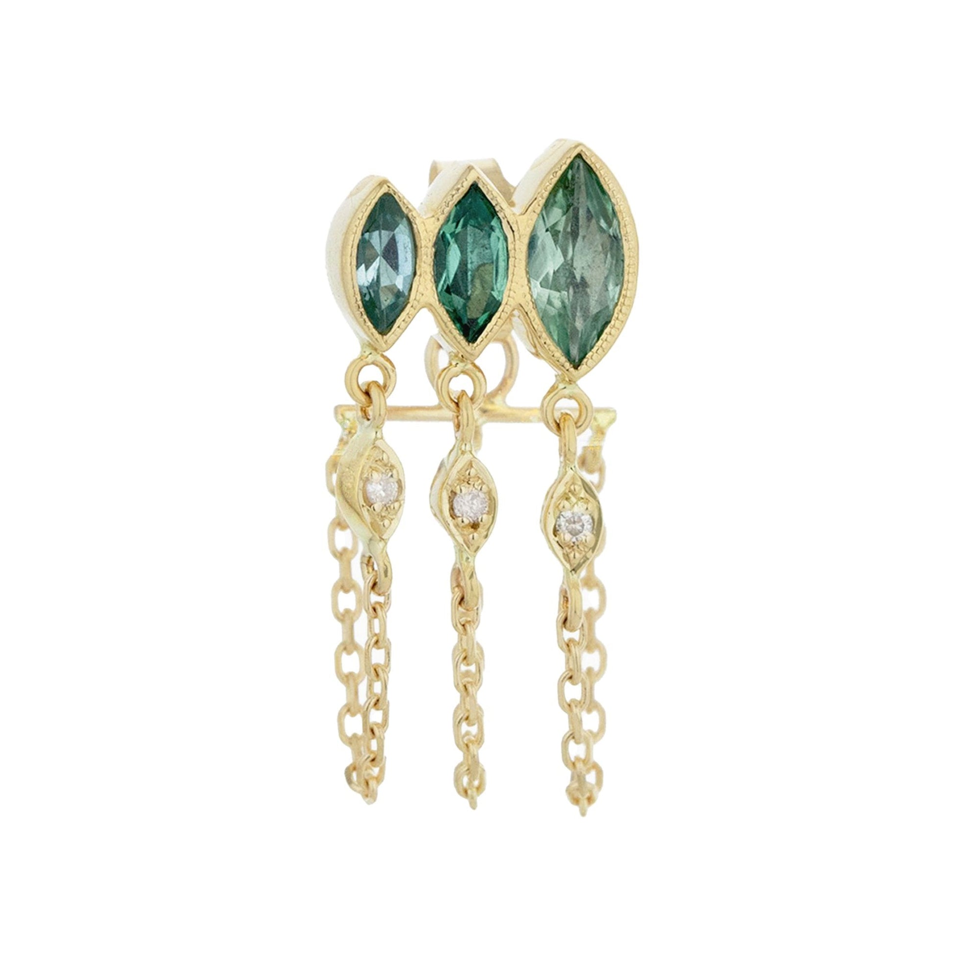 14K Gold Triple Marquise Blue - Green Tourmaline Chain Drop Earring - Peridot Fine Jewelry - Celine Daoust