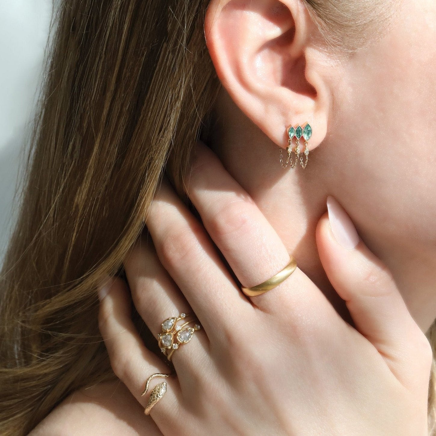 14K Gold Triple Marquise Blue - Green Tourmaline Chain Drop Earring - Peridot Fine Jewelry - Celine Daoust