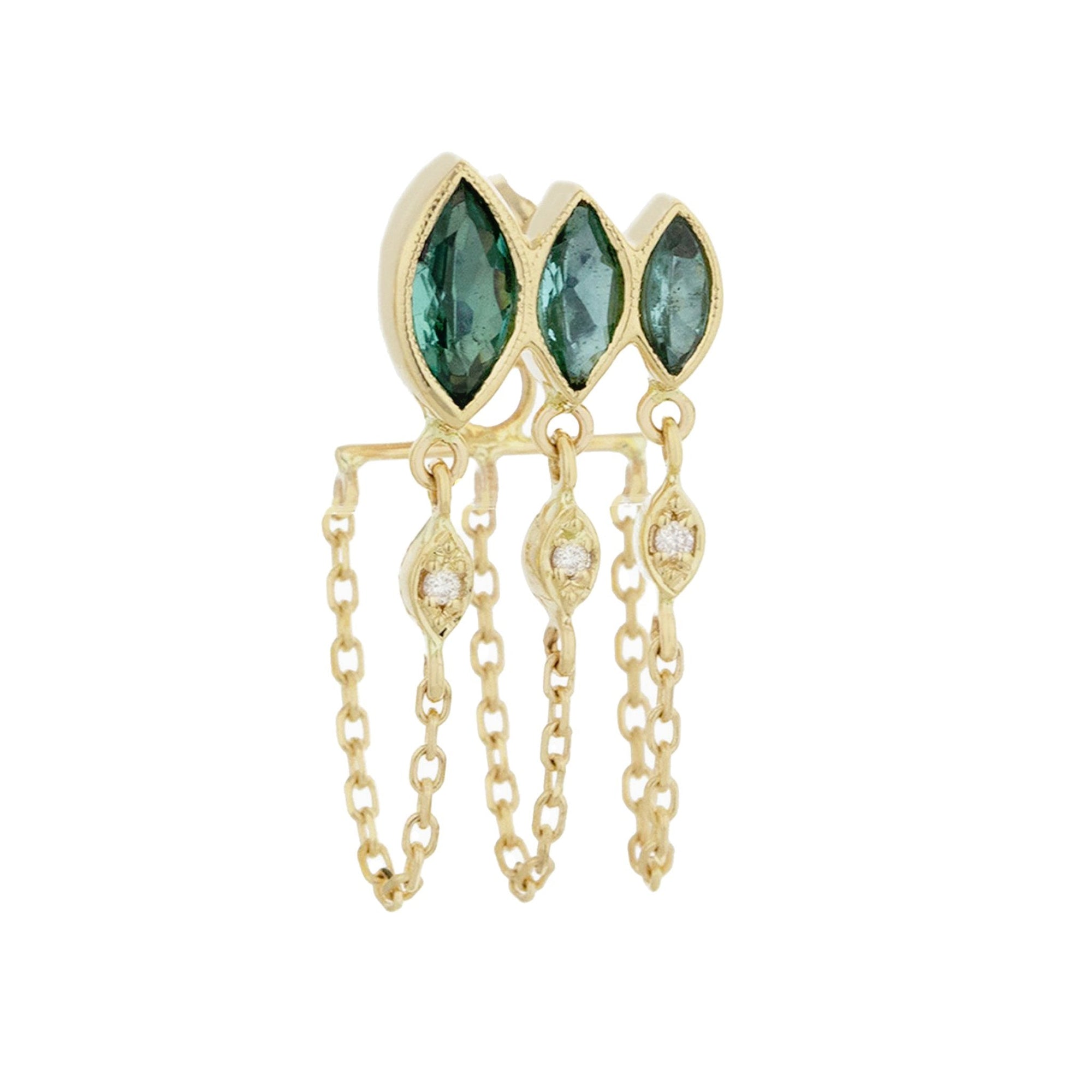 14K Gold Triple Marquise Blue - Green Tourmaline Chain Drop Earring - Peridot Fine Jewelry - Celine Daoust