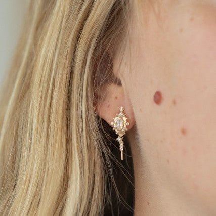 14K Half Hoop Earrings with Oval Moonstone "Eyes", Princess &amp; Round Diamonds and Granulation Details - Peridot Fine Jewelry - Celine Daoust