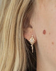 14K Half Hoop Earrings with Oval Moonstone "Eyes", Princess & Round Diamonds and Granulation Details - Peridot Fine Jewelry - Celine Daoust