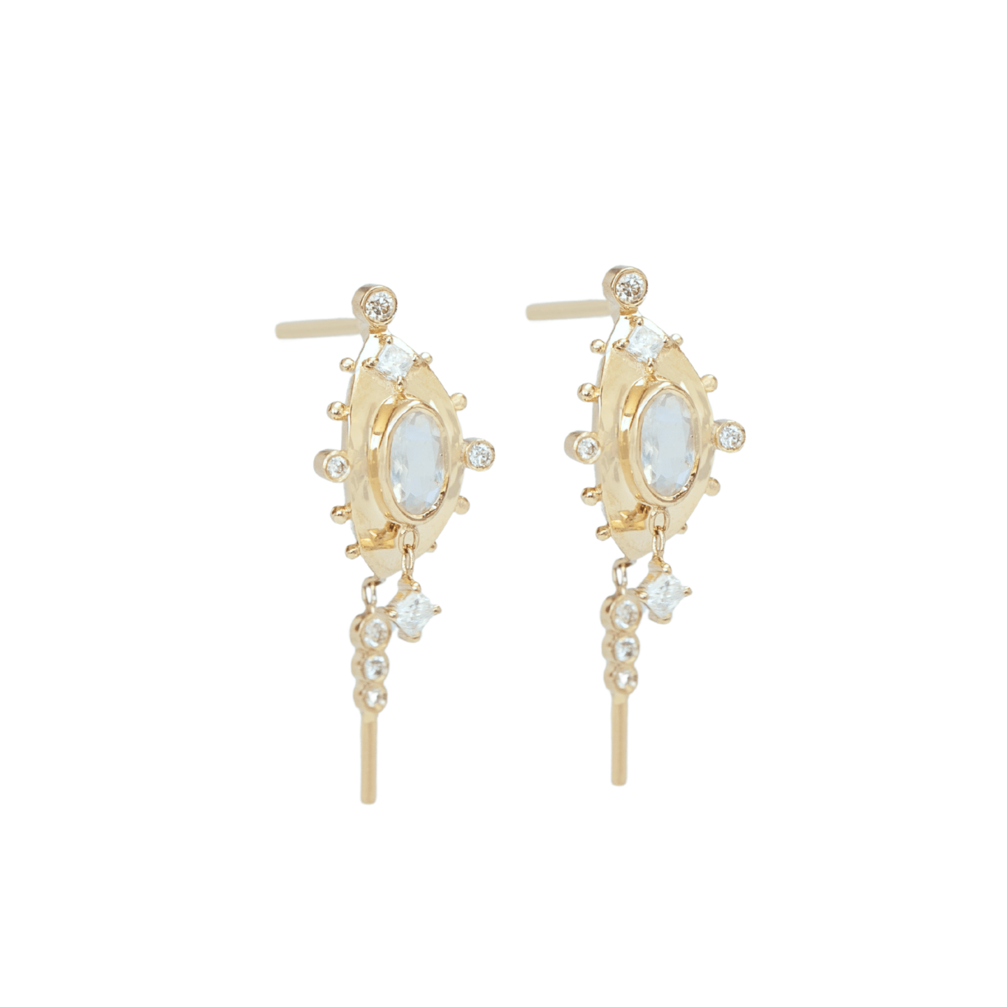 14K Half Hoop Earrings with Oval Moonstone "Eyes", Princess &amp; Round Diamonds and Granulation Details - Peridot Fine Jewelry - Celine Daoust