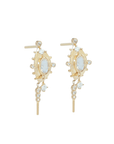 14K Half Hoop Earrings with Oval Moonstone "Eyes", Princess & Round Diamonds and Granulation Details - Peridot Fine Jewelry - Celine Daoust