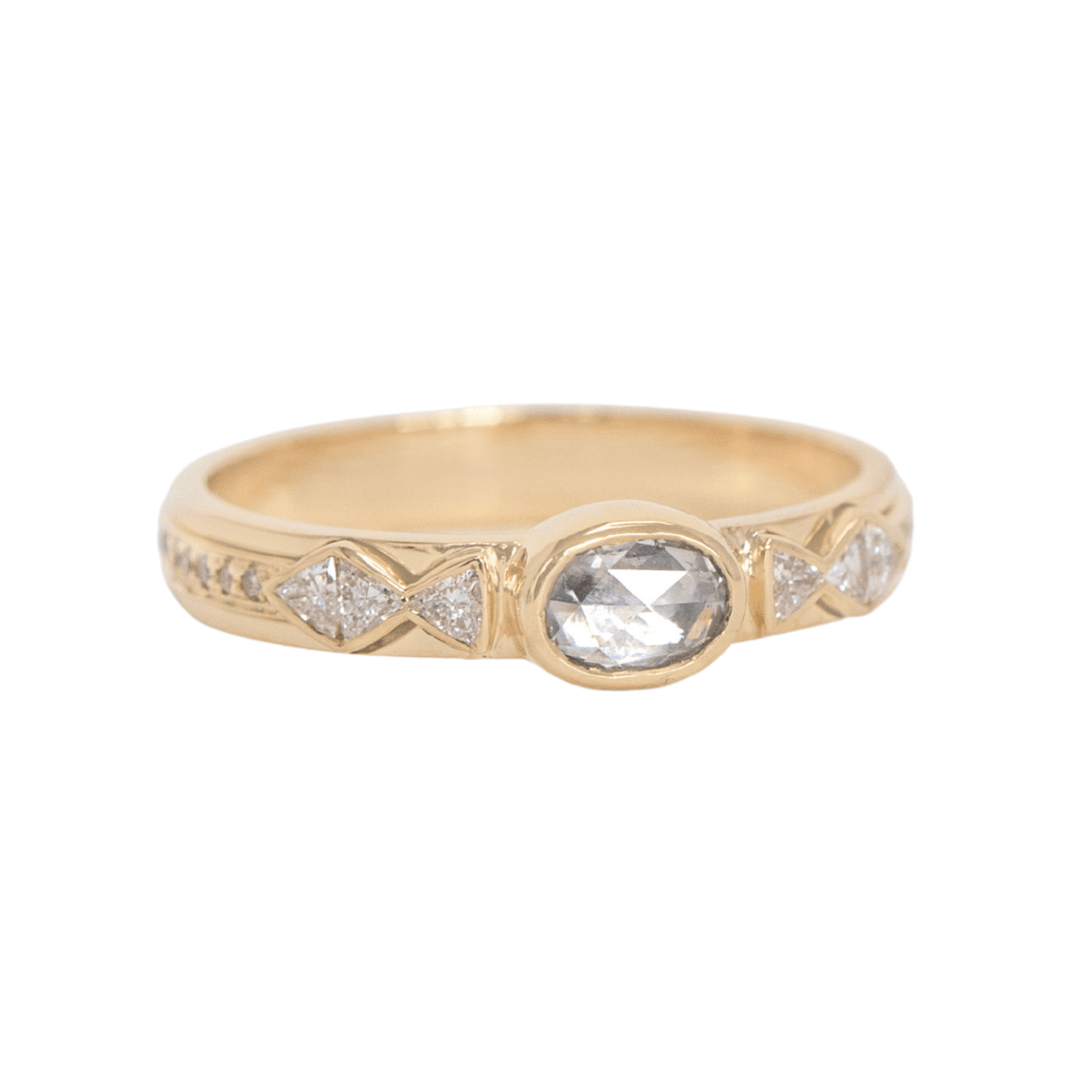 14K &amp; Icy Grey Rosecut Oval Diamond Ring with Trillion and Pave Diamond Details - Peridot Fine Jewelry - Celine Daoust