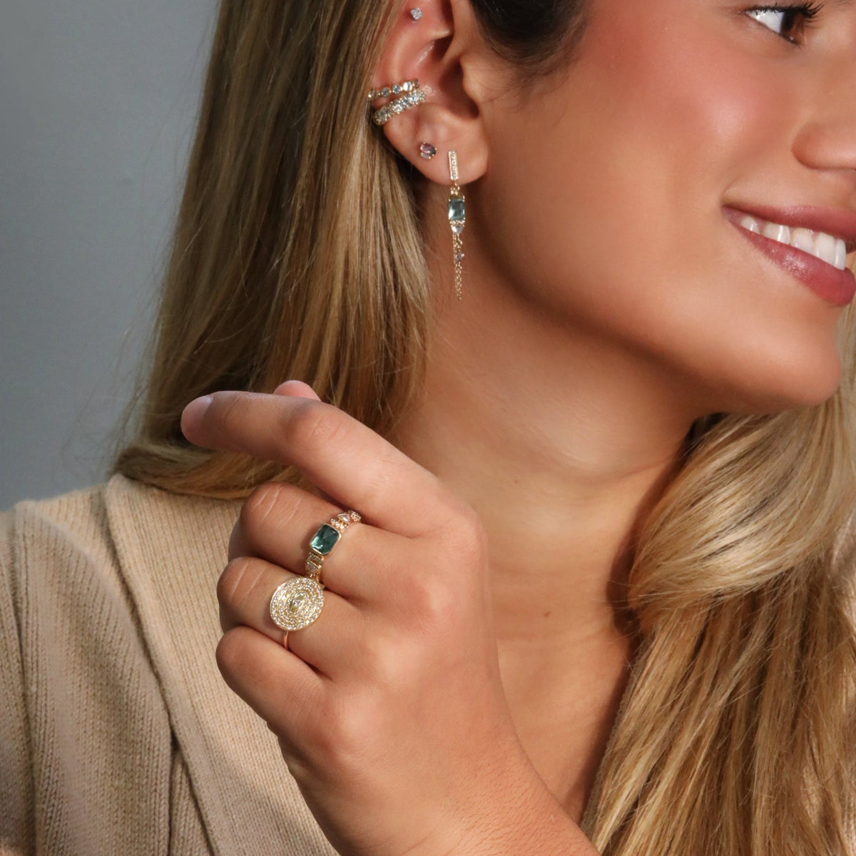 14K Infinity Plate Ring with Center Diamond Circled by Three Diamond Pave Halos - Peridot Fine Jewelry - Celine Daoust