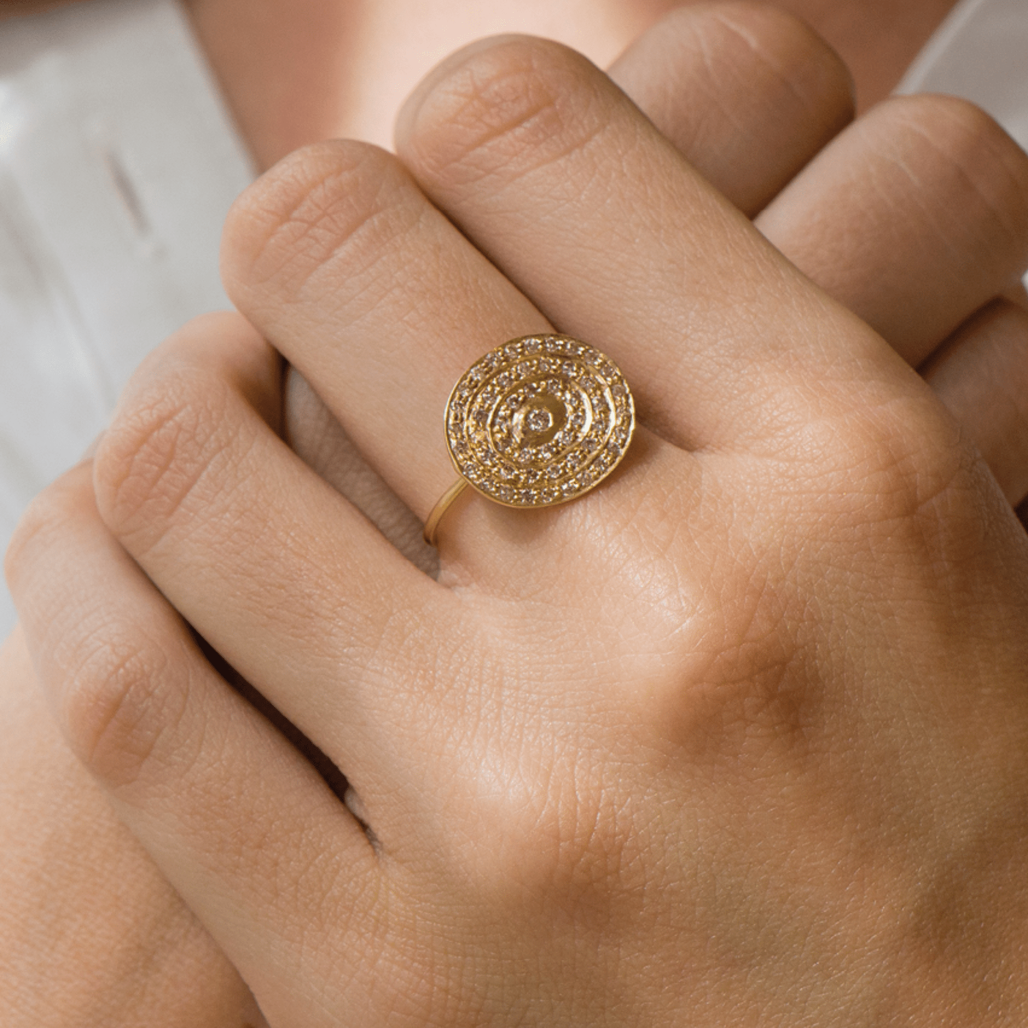 14K Infinity Plate Ring with Center Diamond Circled by Three Diamond Pave Halos - Peridot Fine Jewelry - Celine Daoust